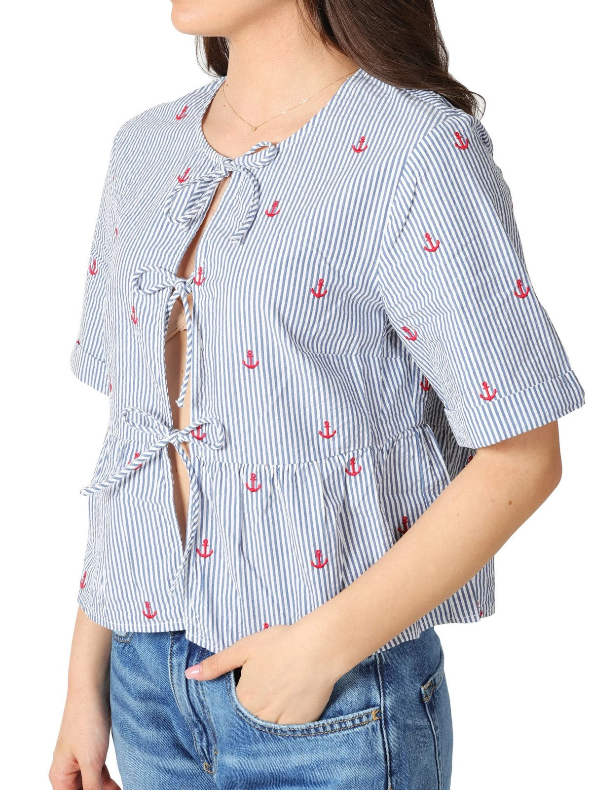 MC2 SAINT BARTH Blusa Donna ALYSON 00471L SEERSUCKER STRIPES V ANCHOR 61 EMB