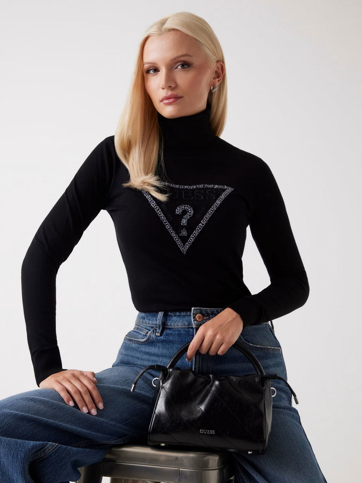 GUESS Maglione dolcevita Donna LS TN MELANIE TRIANGLE LOGO SW W5BR39 Z2NQ2 JBLK Jet Black A996