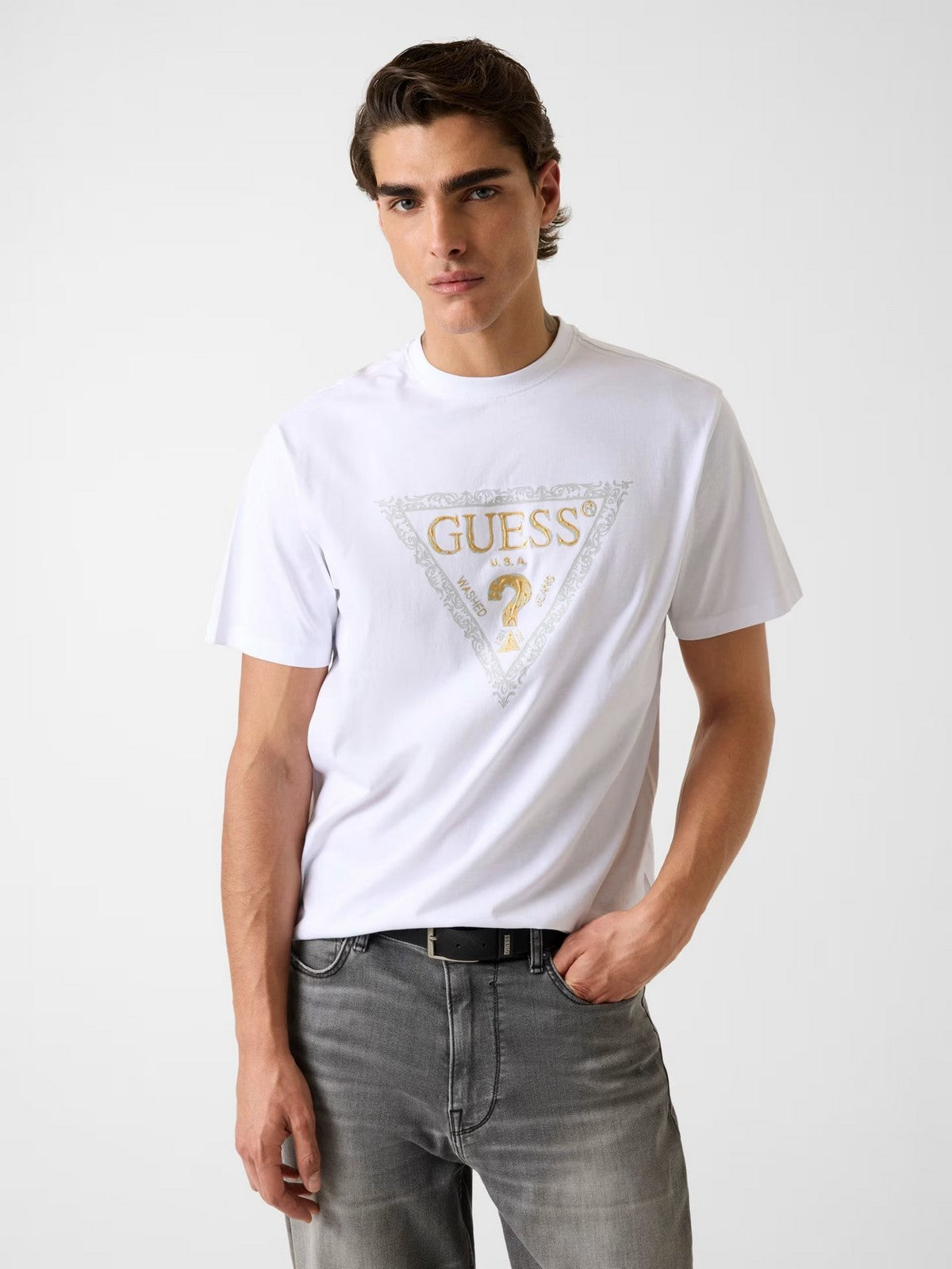 GUESS T-shirt Uomo SS CN GOLDEN TRIANGLE TEE M6RI15 I3Z14 G011 PURE WHITE