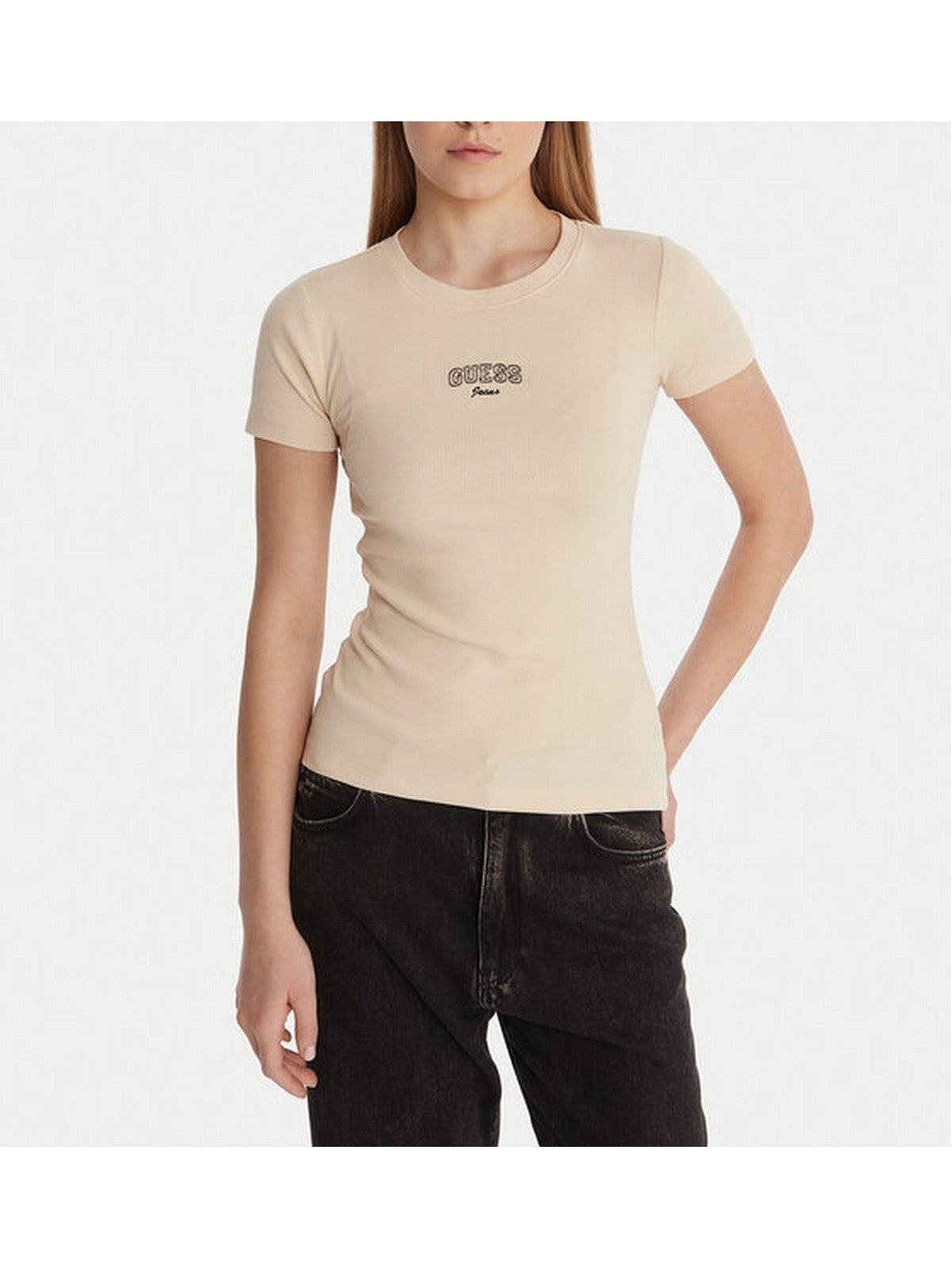 GUESS T-shirt Donna GJ SL CN EMBRO SLIM TEE W6RP21 KA0H1 G1W7 BISCOTTI