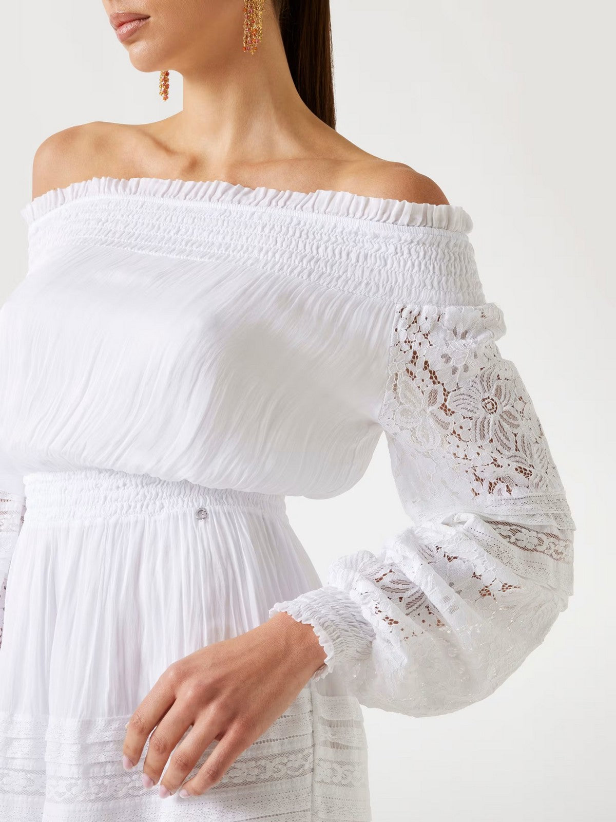 GUESS Abito Donna AUDREY OFF SHOULDER MINI DRESS W5GK24 WE550 G011 PURE WHITE gioboutiqueweb