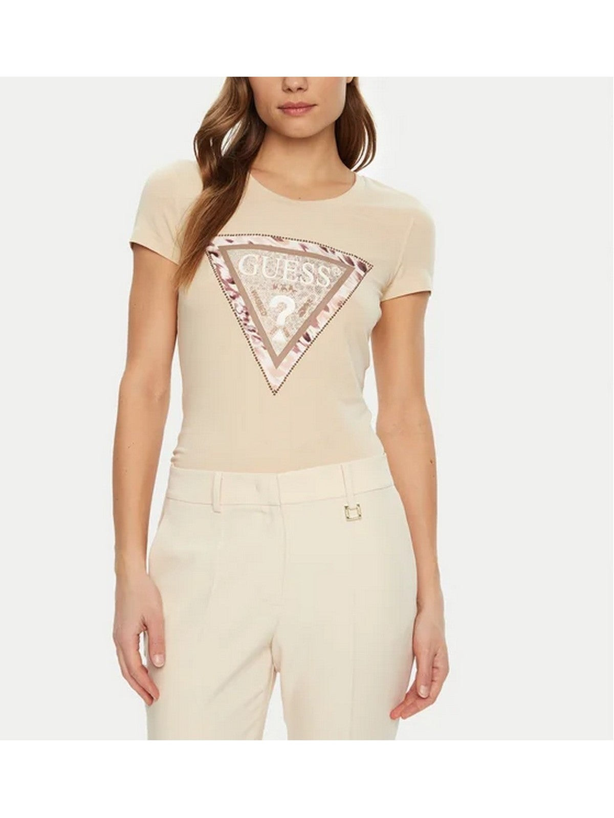GUESS T-shirt Donna SS CN CHEETA LOGO TRIANGLE TEE W5RI22 J1314 G1M5 PEARL OYSTER gioboutiqueweb