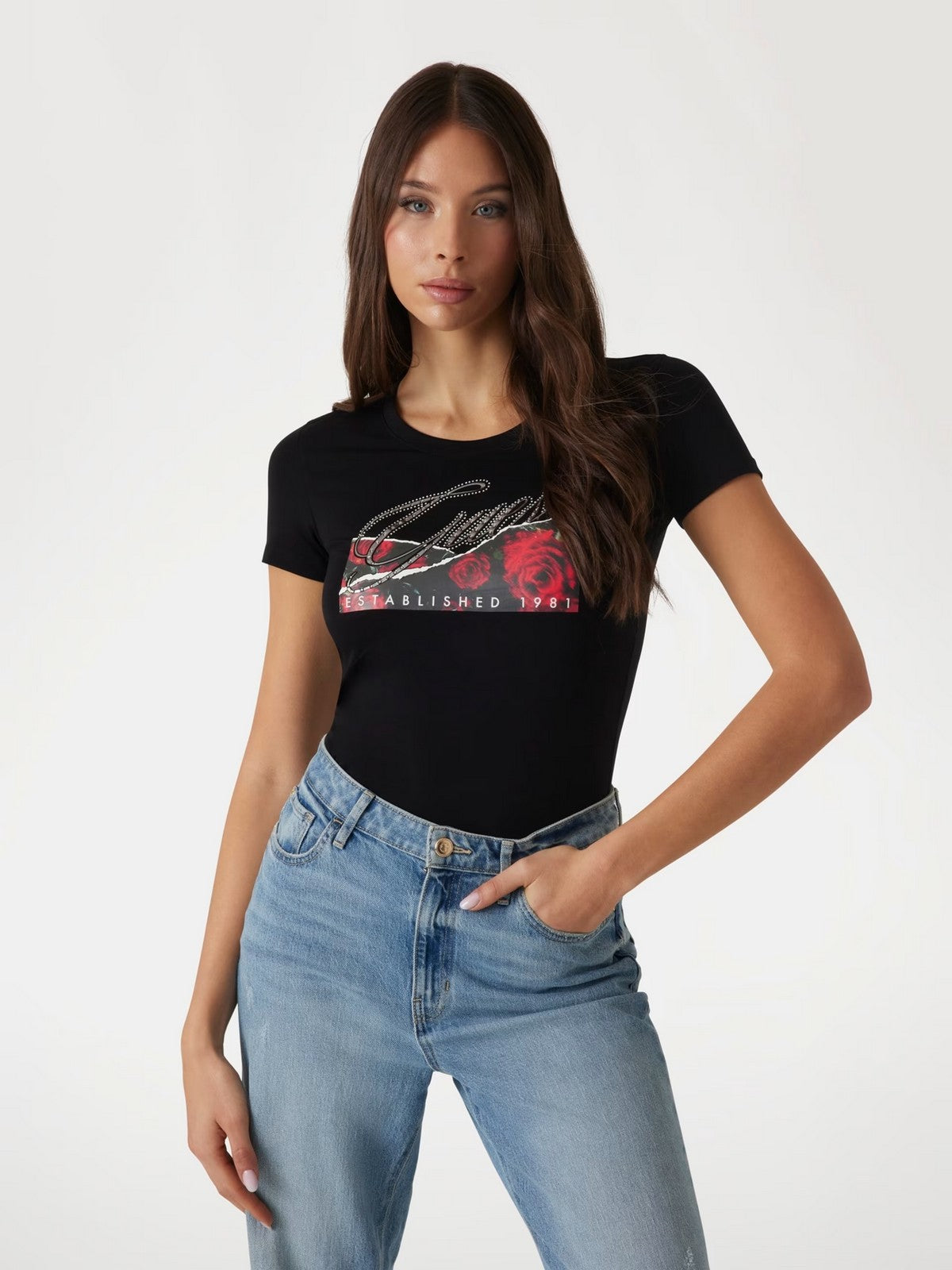 GUESS T-shirt Donna SS CN ROSES PRINT W5RI03 J1314 JBLK Nero gioboutiqueweb