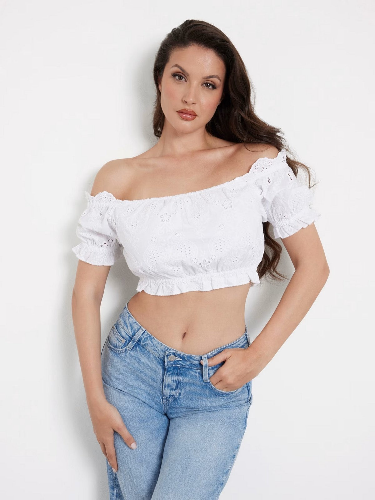 GUESS Top Donna Off Shoulder Frida T W4GH40 WG4F0 G011 Bianco gioboutiqueweb