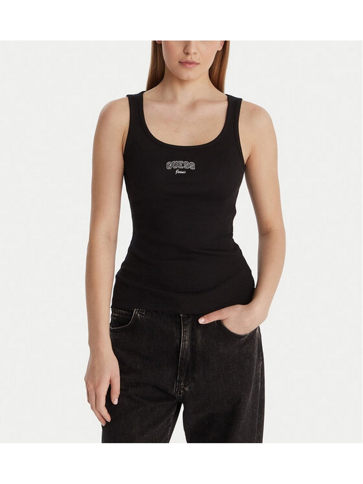 GUESS Canotta Donna GJ TANK TOP SLIM RIB EMBRO W6RP20 KA0H1 JBLK Jet Black A996