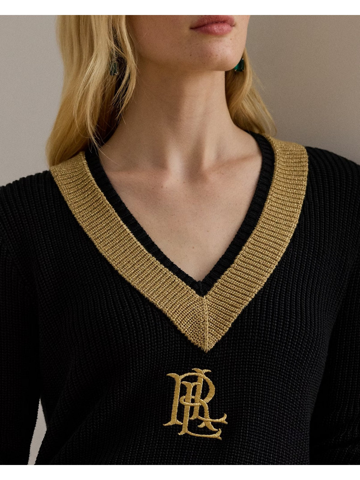 Lauren Ralph Lauren Maglione Woman Meren-Long Sleeve-Pullover 20097966 001 Black/Relic Gold Metallic
