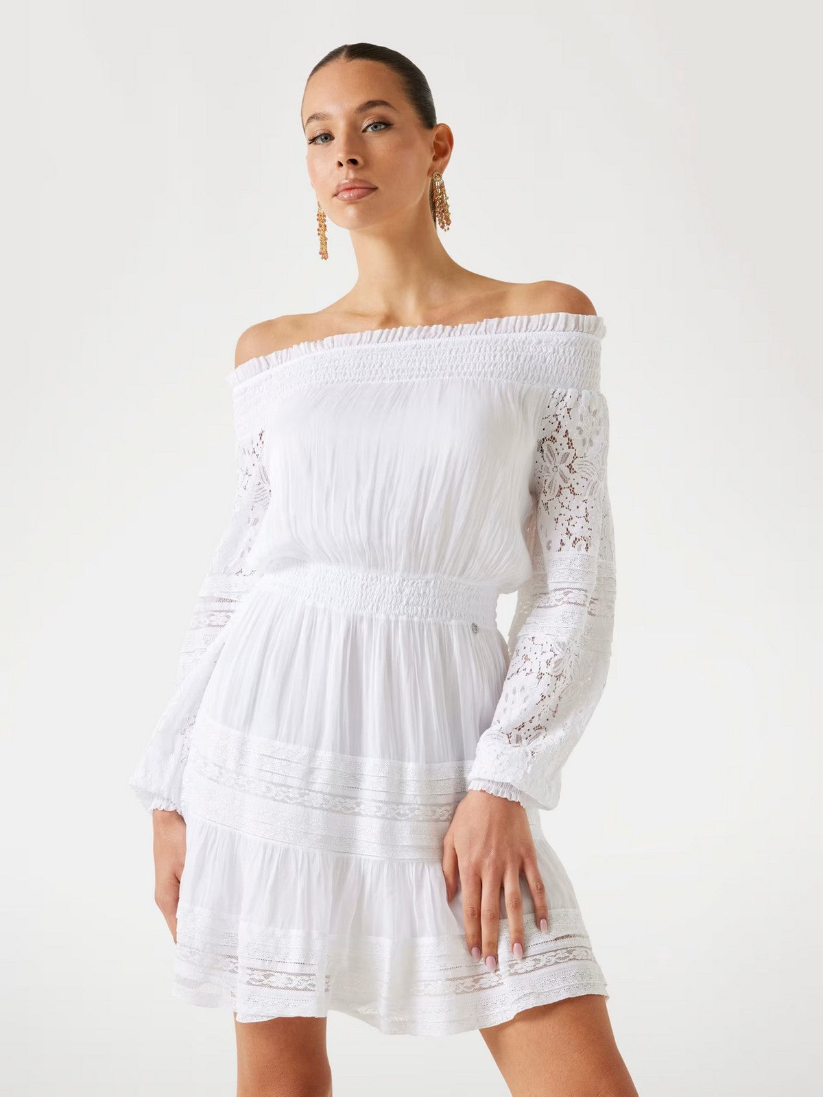 GUESS Abito Donna AUDREY OFF SHOULDER MINI DRESS W5GK24 WE550 G011 PURE WHITE gioboutiqueweb