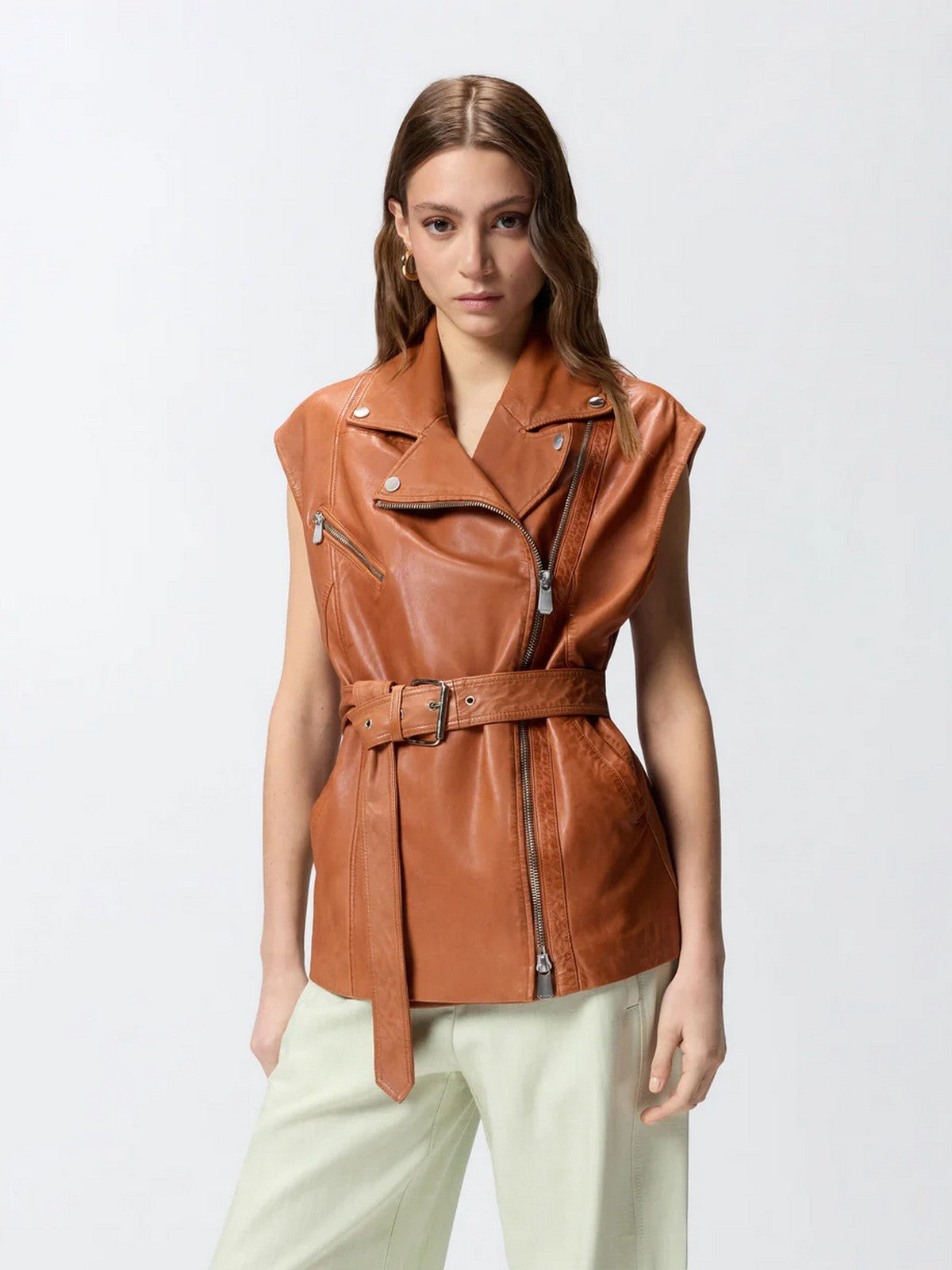 PINKO Gilet Donna GYPSY GILET PELLE LAVATA 106232-A31X L38 MARRONE CREMA DI MOCA