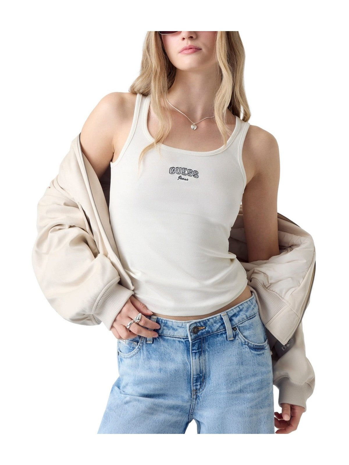 GUESS Canotta Donna GJ TANK TOP SLIM RIB EMBRO W6RP20 KA0H1 G053 SANDY SHORE