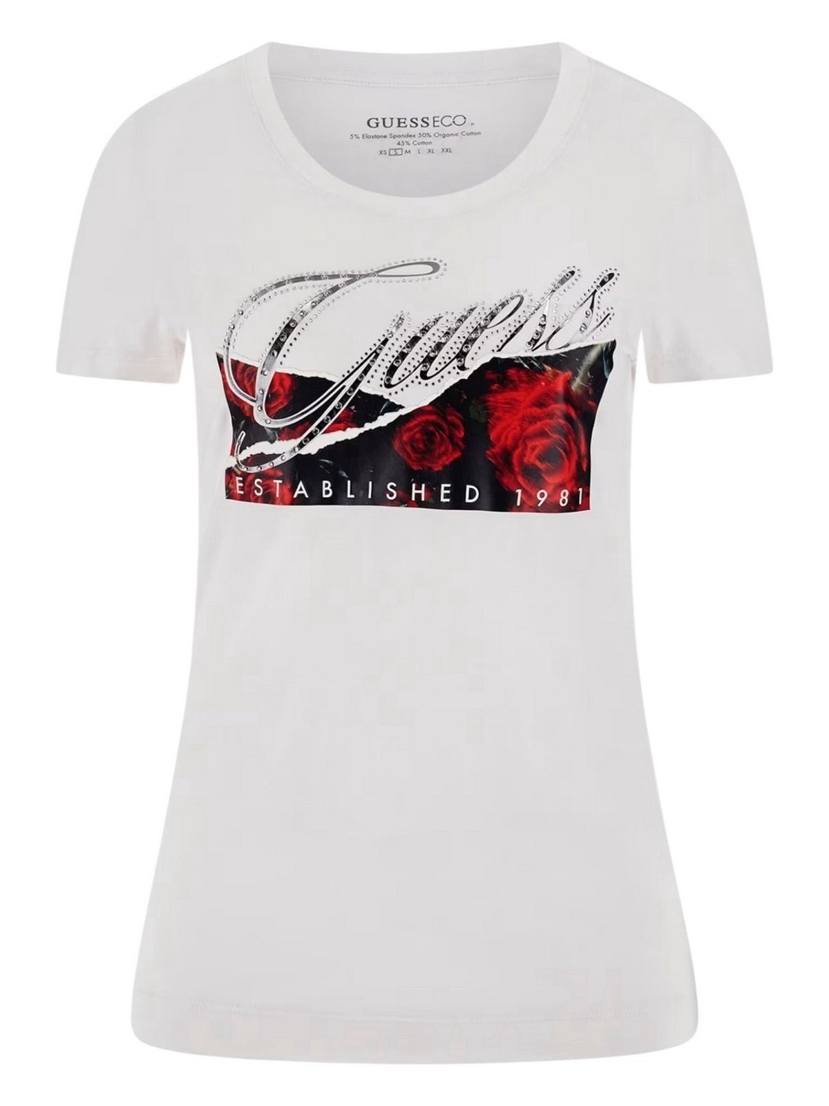 GUESS T-shirt Donna SS CN ROSES PRINT W5RI03 J1314 G011 Bianco gioboutiqueweb