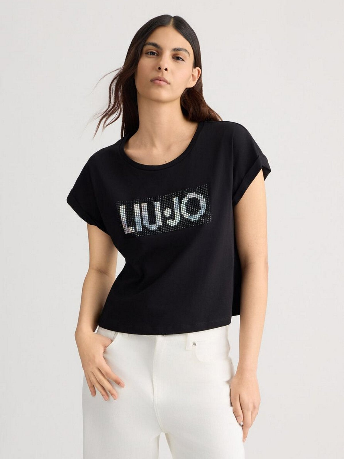 LIU JO BEACHWEAR T-shirt Donna VA5151JS923 N9241 Nero/strass bicolor gioboutiqueweb