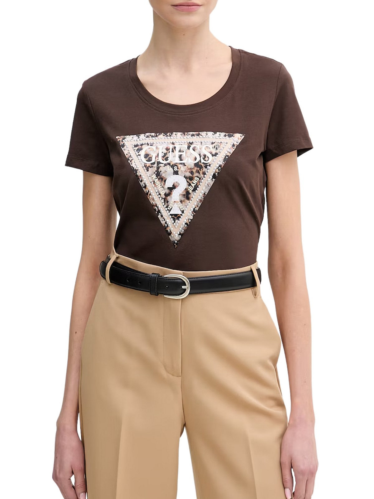 GUESS T-shirt Donna SS CN LEO TRIANGLE TEE W6RI32 J1314 G1EA DARK COFFEE