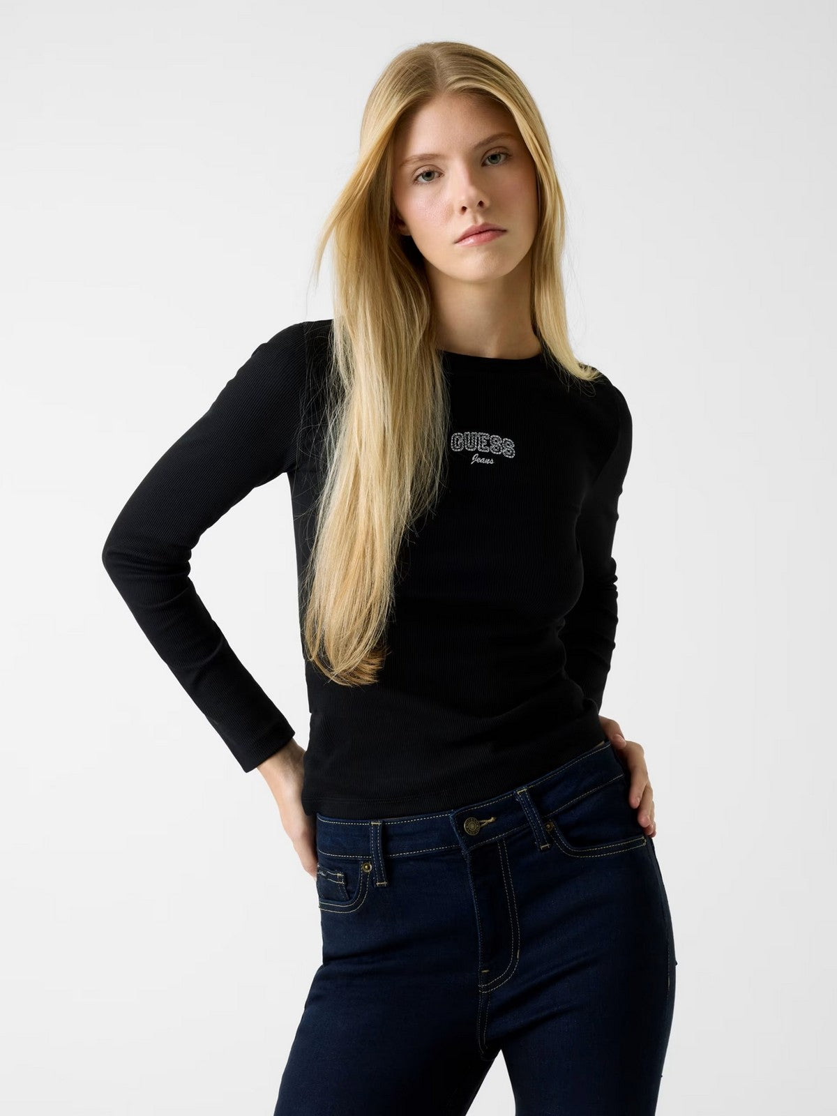 GUESS T-shirt Donna GJ LS CN EMBRO SLIM TEE W6RP22 KA0H1 JBLK Jet Black A996
