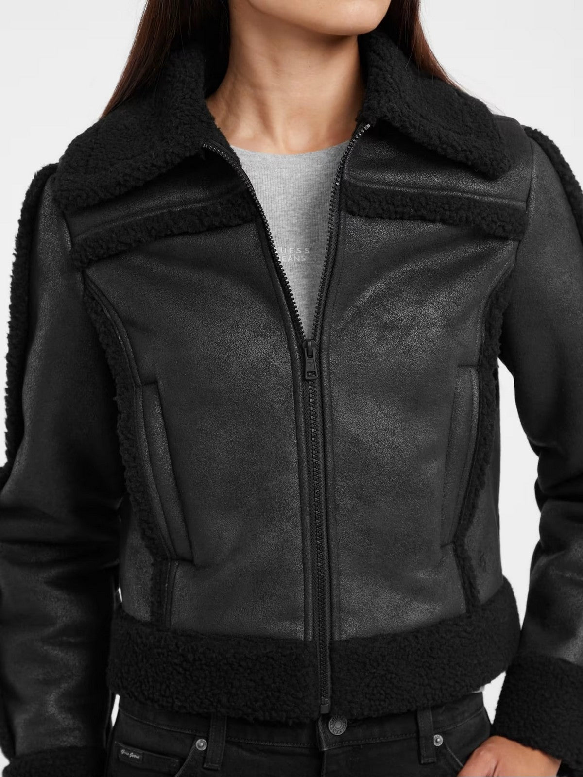 GUESS Giubbino Donna GJ FAUX SHEARLING JKT W5BL13 W1862 JBLK Jet Black A996
