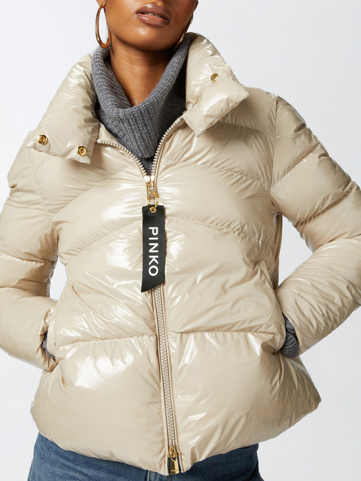 PINKO Piumino Donna Mirco Caban Crystal Nylon Con 101598-A11K D05 Beige gioboutiqueweb