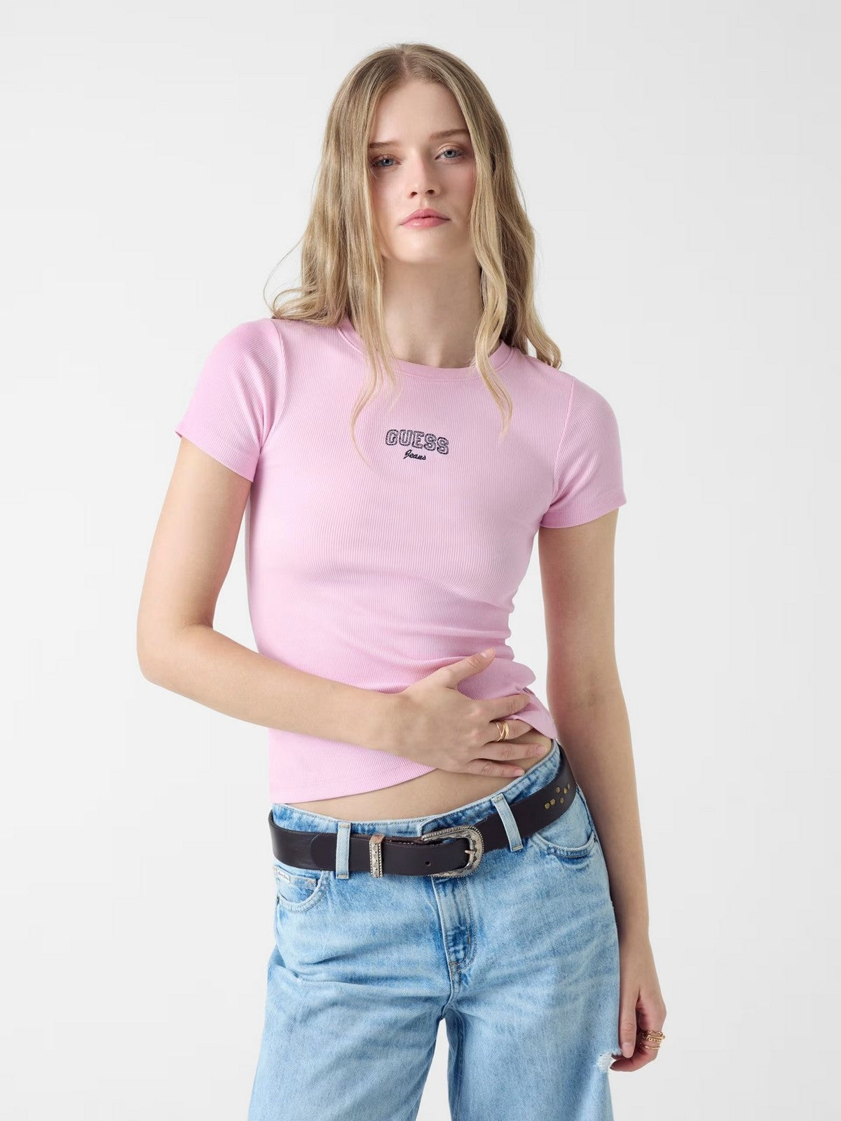 GUESS T-shirt Donna GJ SL CN EMBRO SLIM TEE W6RP21 KA0H1 G65F SOFT ROSE