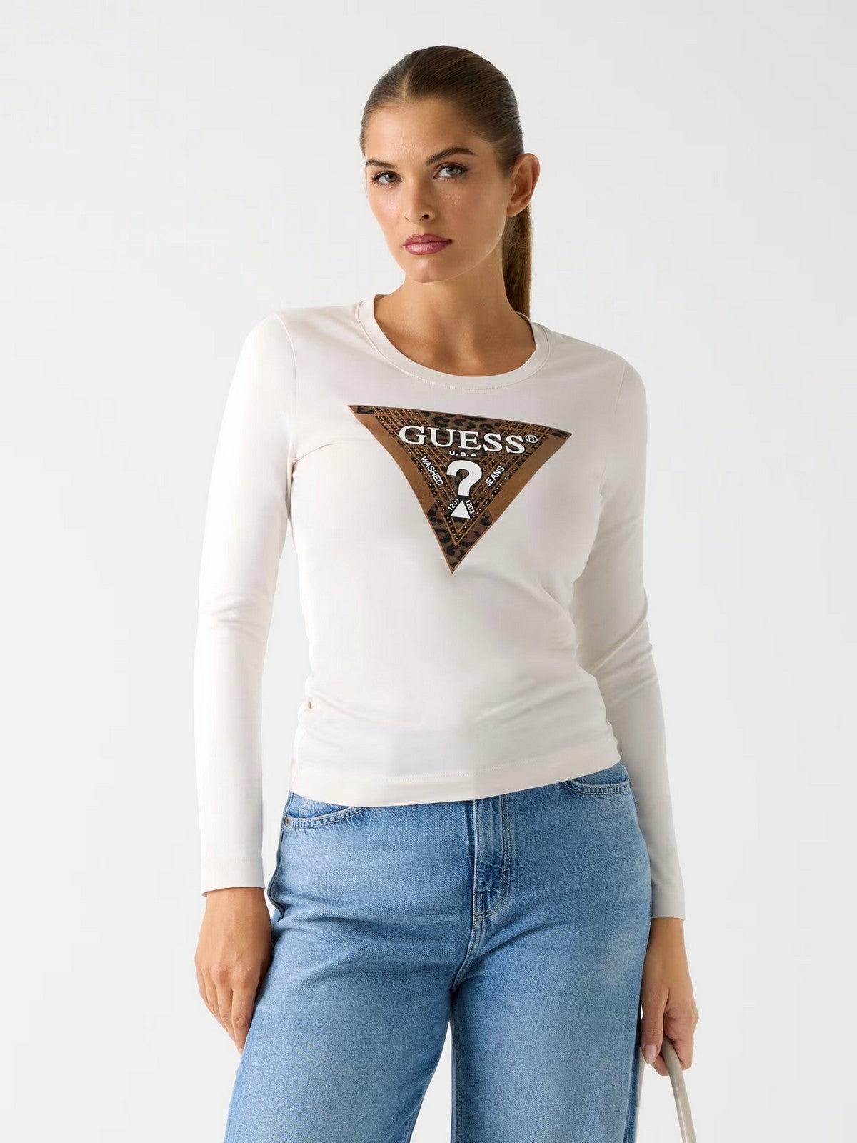 GUESS T-shirt Donna LS CN LEO TRIANGLE TEE W5BI75 J1314 G012 CREAM WHITE