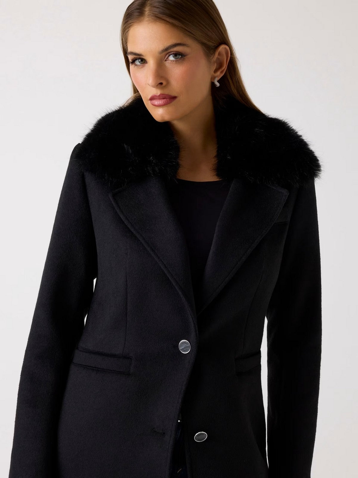 GUESS Cappotto Donna KAROLE FUR COLLAR COAT W5BL19 W2642 JBLK Jet Black A996