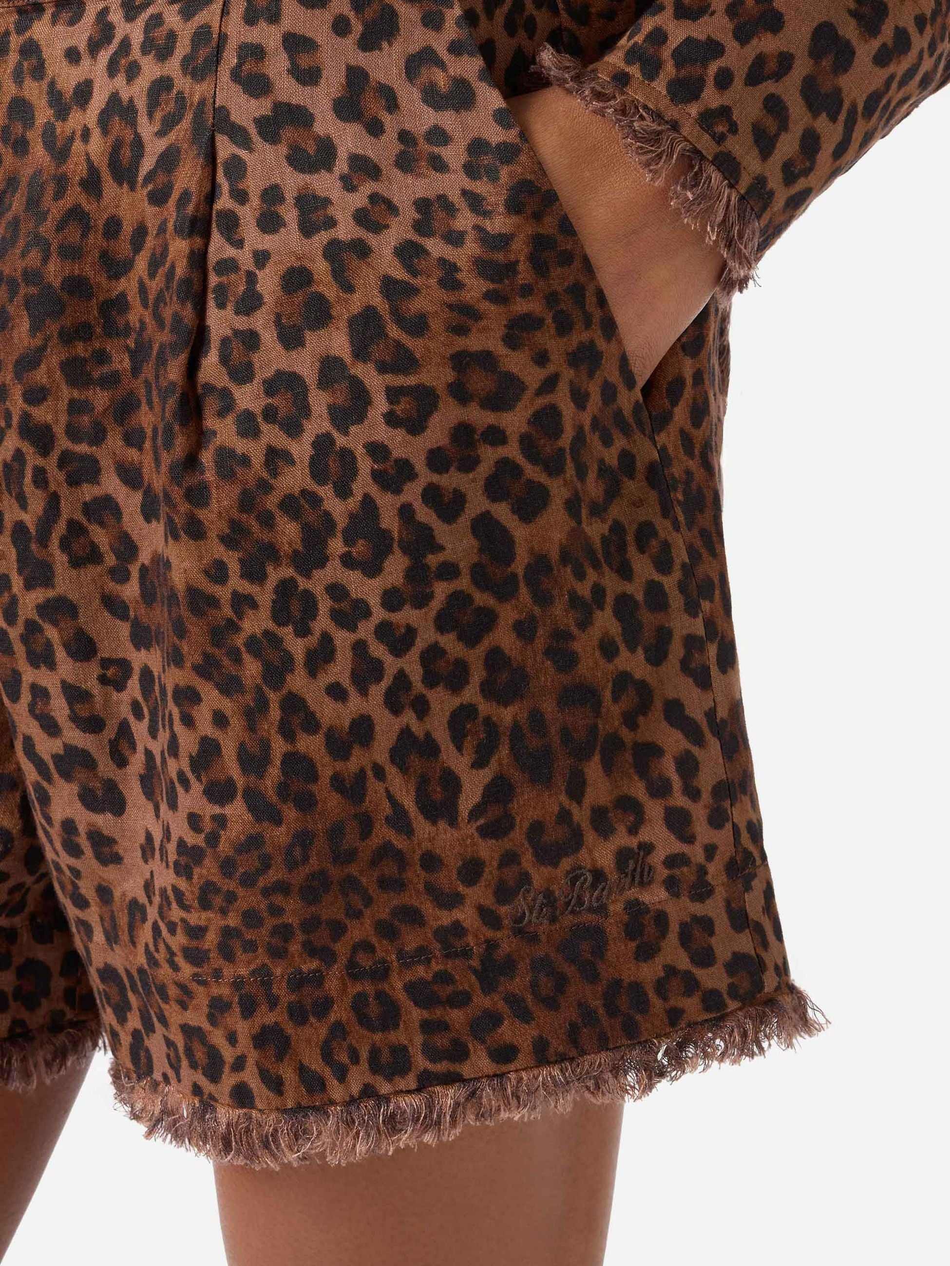 MC2 SAINT BARTH Pantaloncino Donna AMANI 07842L LINEN SAND LEOPARD 19 FRINGE