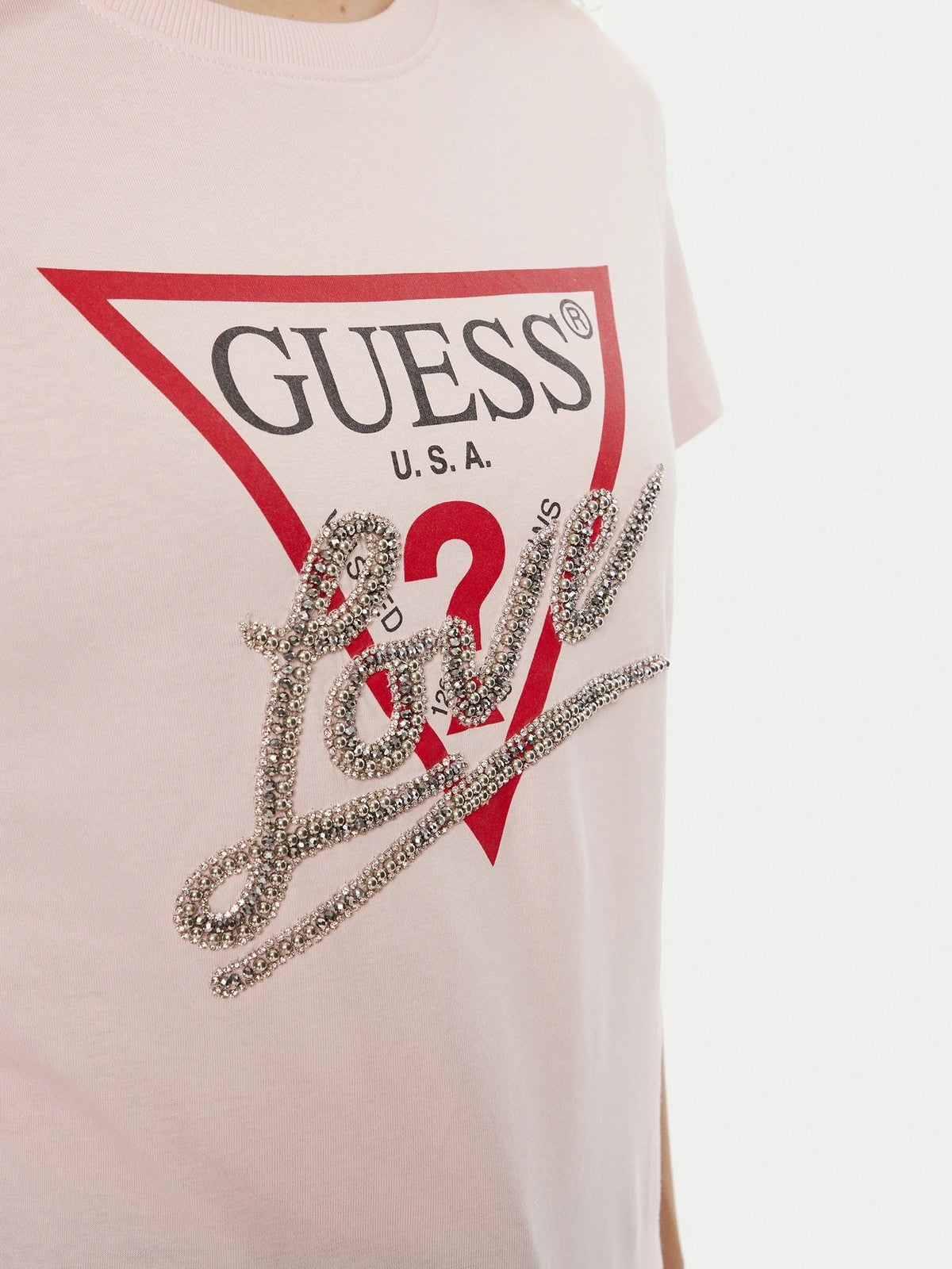 GUESS T-shirt Donna SS CN TRIANGLE LOVE TEE W5RI10 I3Z14 A60W Rosa gioboutiqueweb