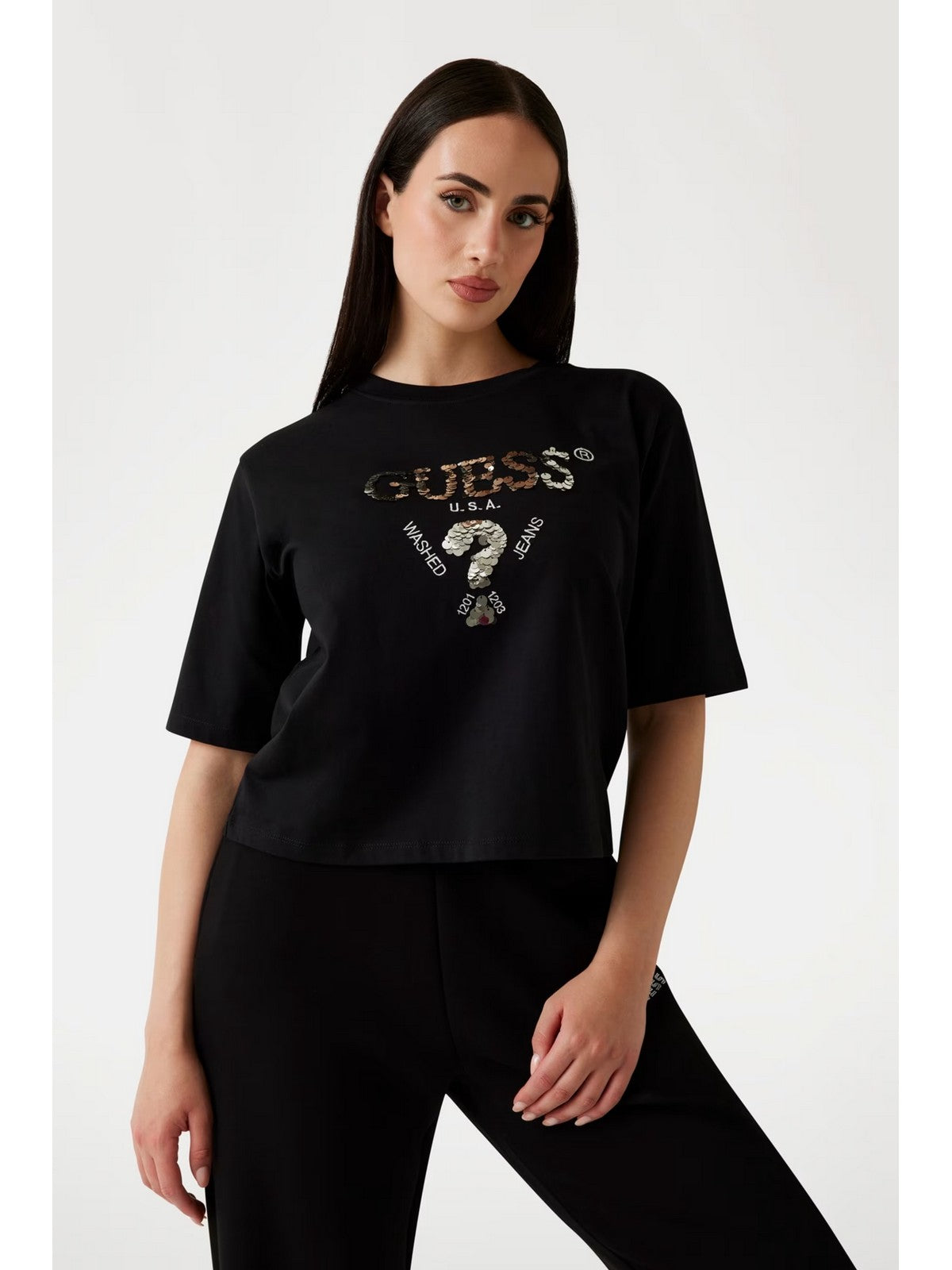 GUESS SPORT T-shirt Donna AURELIE BOXY TEE V4YI06 I3Z14 FJ8N BLACK AND SALT MULTI