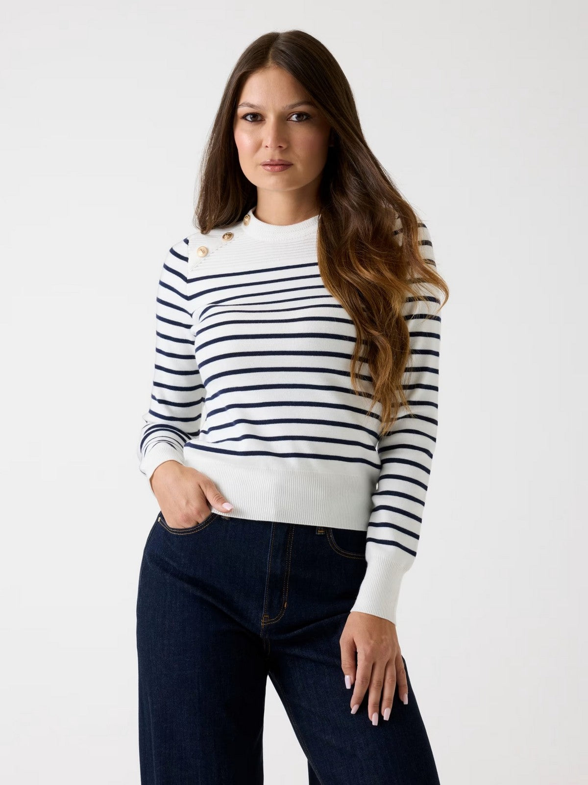 GUESS Maglione Donna LS CN HELEN SWTR W5BR36 Z0422 S00J CREAM AND BLUE STRIP