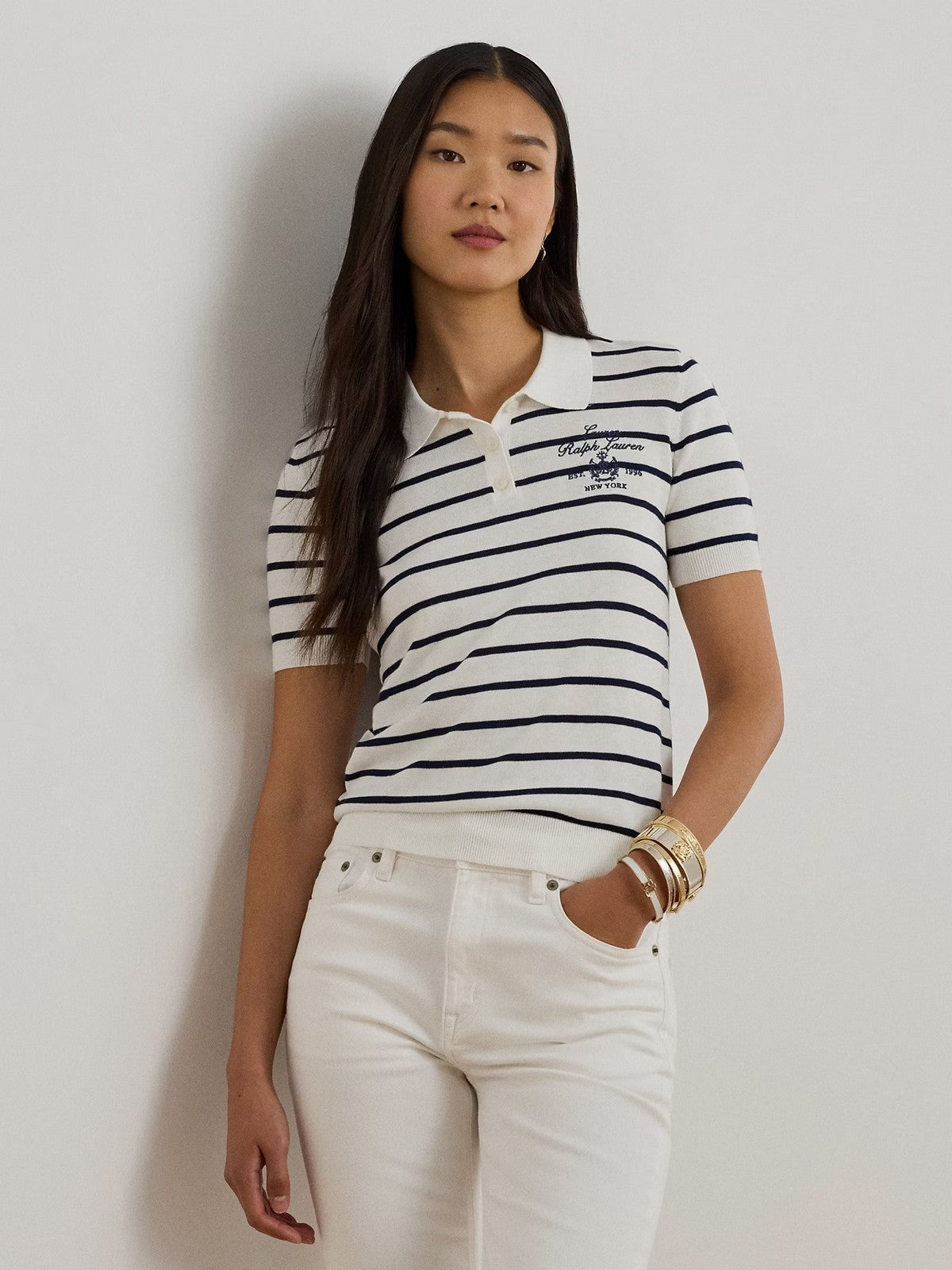 LAUREN RALPH LAUREN Polo de Mujer NATRISSA-MANGA CORTA-PULLOVER 200P03506 001 BLANCO/MARINO REFINADO