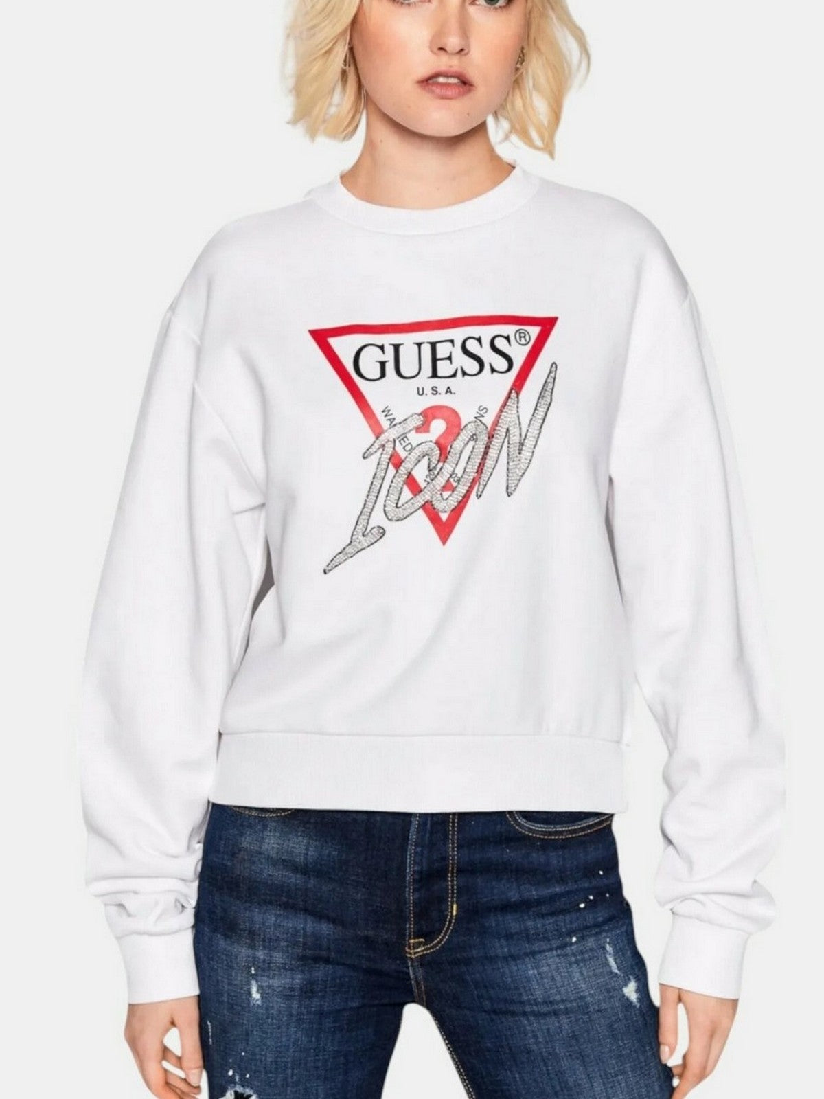 GUESS Felpa Donna CN LOVE TRIANGLE SWEATSHIRT W5RQ04 KB683 G012 Bianco gioboutiqueweb