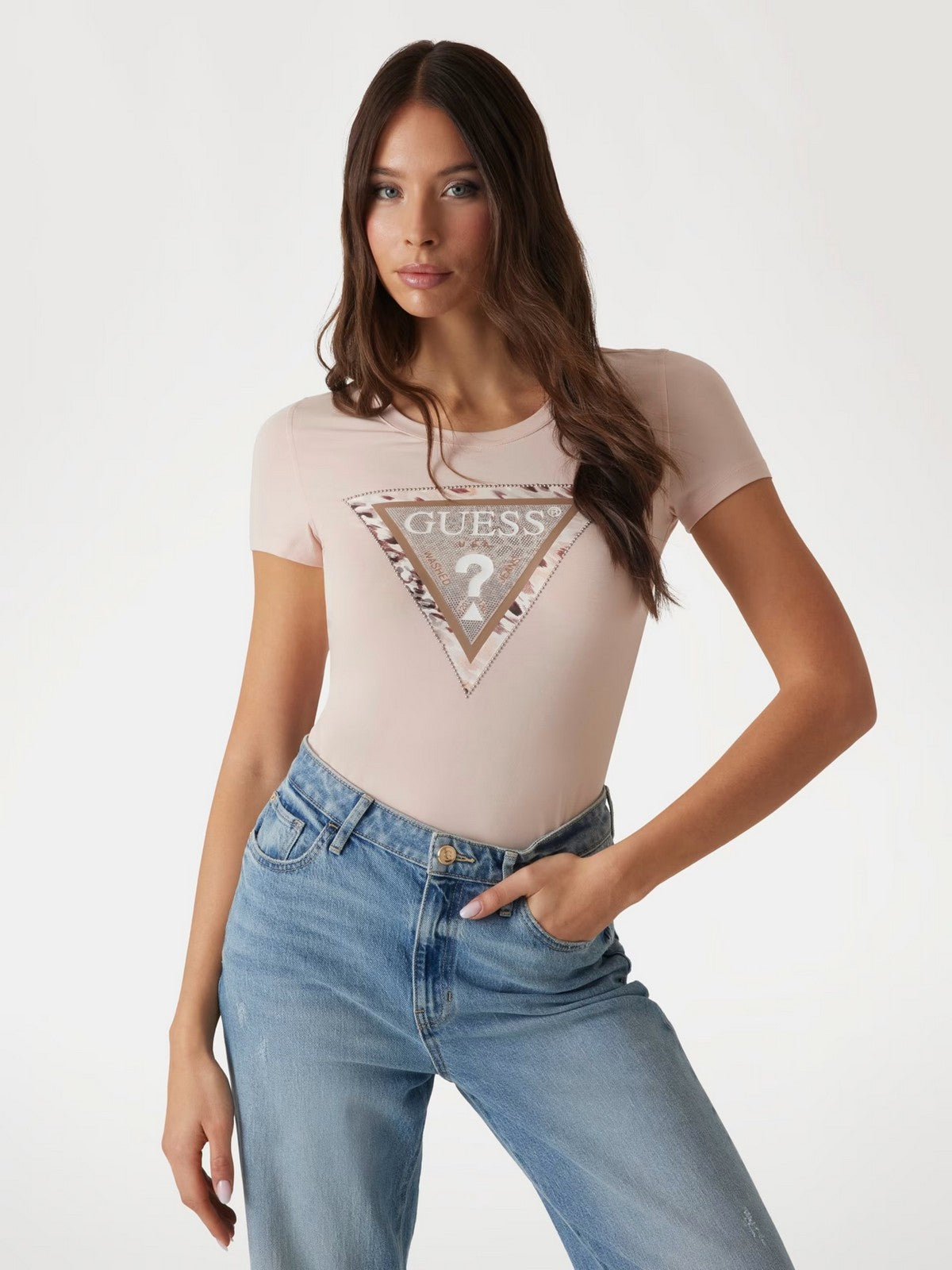 GUESS T-shirt Donna SS CN CHEETA LOGO TRIANGLE TEE W5RI22 J1314 G6O3 Rosa gioboutiqueweb