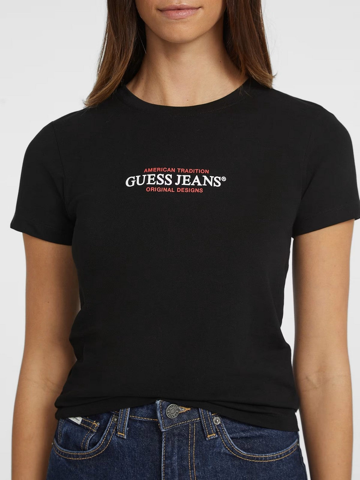 GUESS T-shirt Donna GJ SS CN SLIM AMERICAN TR TEE W4YI03 J1314 JBLK Nero gioboutiqueweb