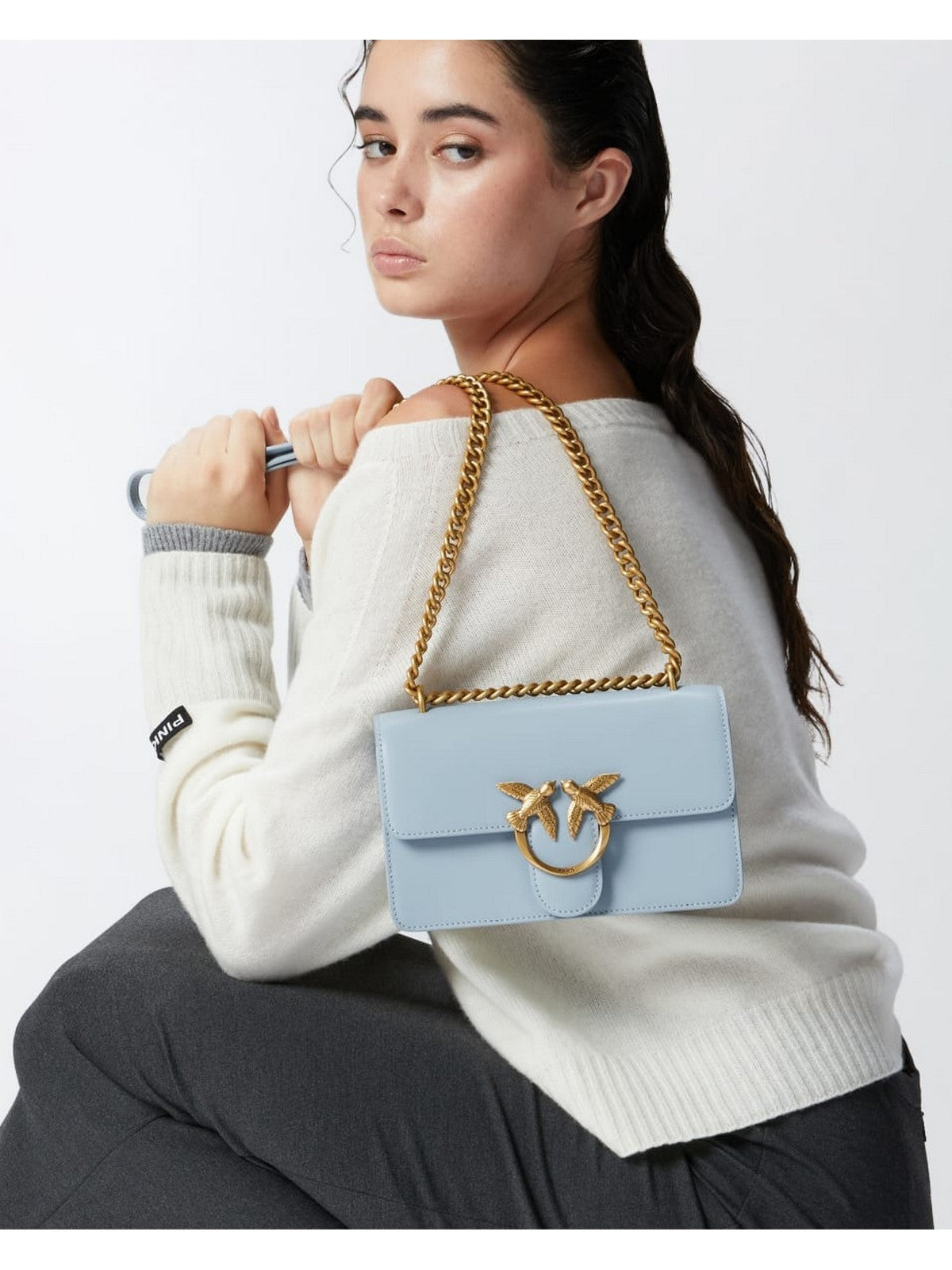PINKO Borsa Donna Love One Mini Dc Vitello Seta 100074-A0F1 E57Q LIGHT BLUE-ANTIQUE GOLD gioboutiqueweb