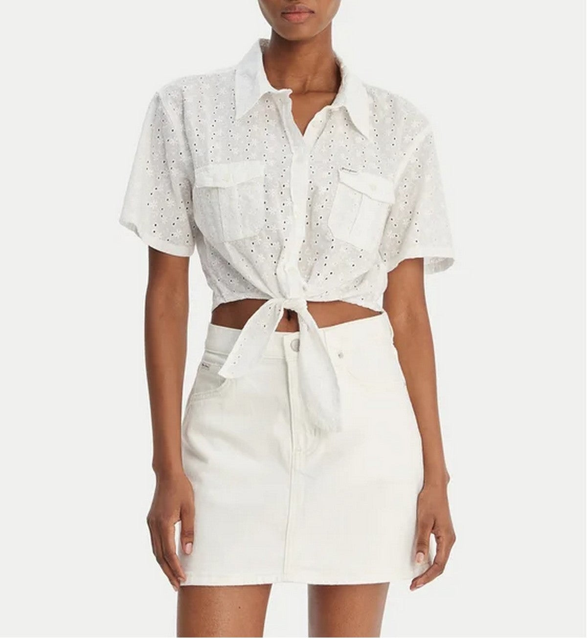 GUESS Camicia Donna GJ CROPPED FRONT TIE TOP W6GHA3 WO331 G011 PURE WHITE