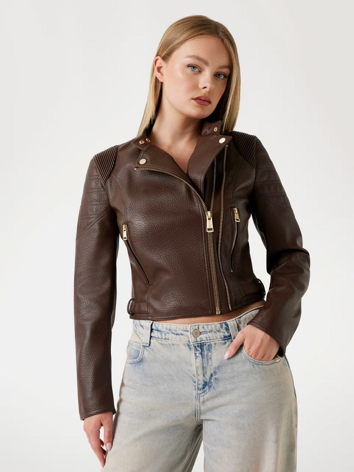 GUESS Giubbino Donna JEANNINE PU STITCHED JACKET W5YL19 WHDS0 FN09 REGAL BROWN MULTI