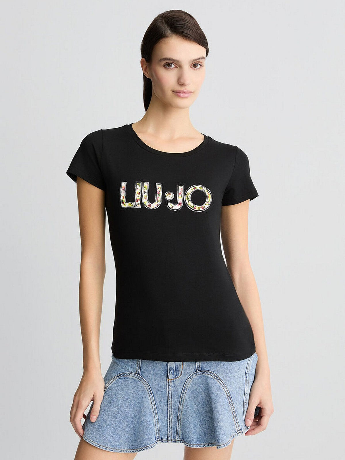 LIU JO BEACHWEAR T-shirt Donna VA5154JS003 W9449 NERO/FLOWERS gioboutiqueweb