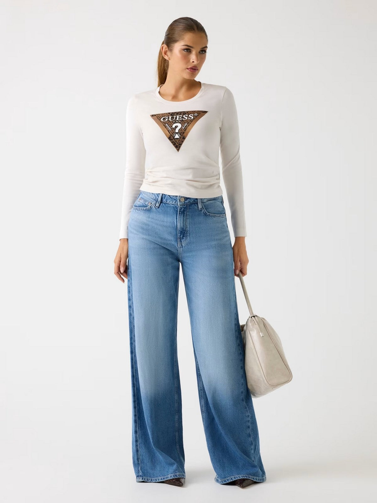 GUESS T-shirt Donna LS CN LEO TRIANGLE TEE W5BI75 J1314 G012 CREAM WHITE