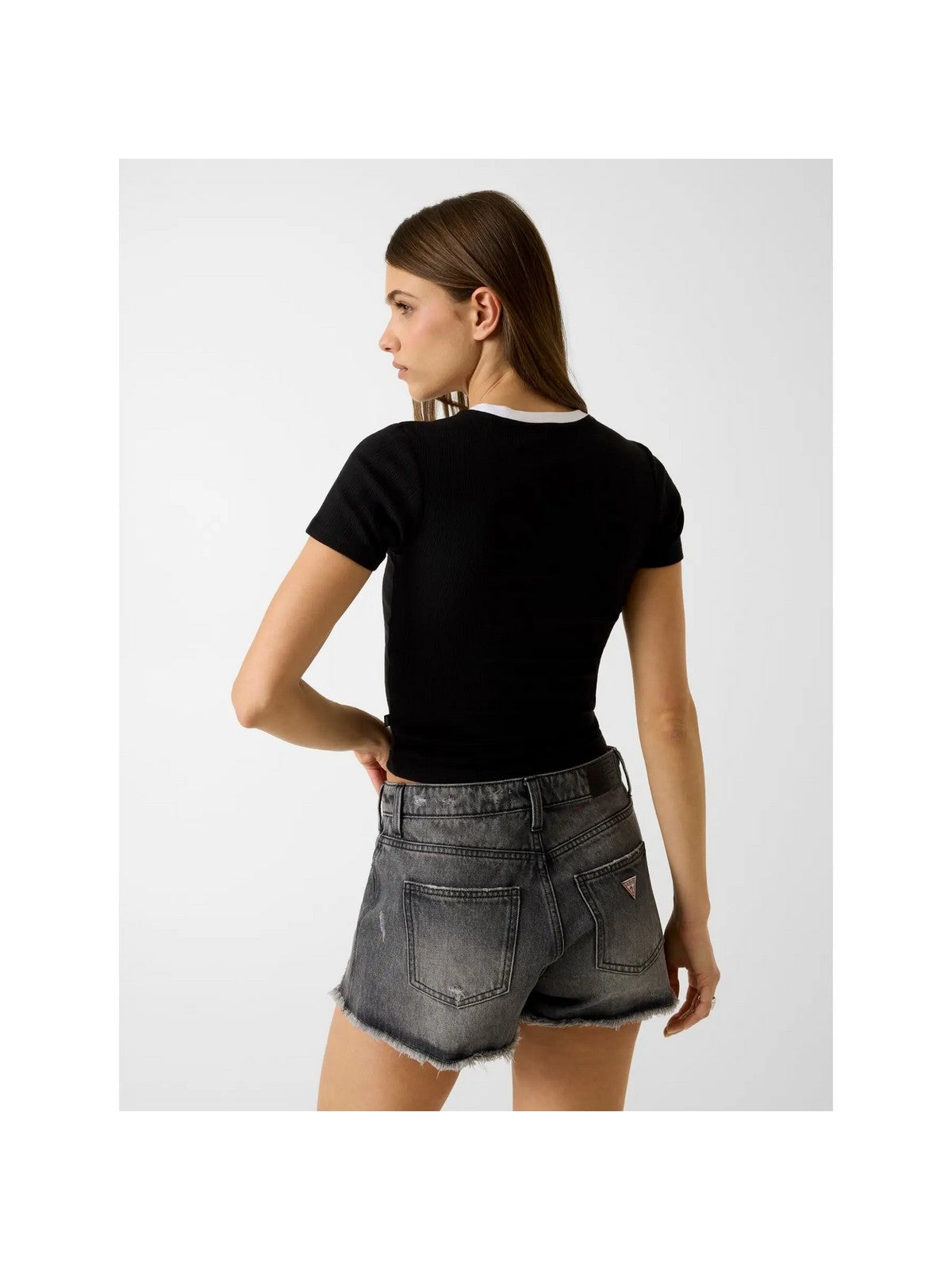 GUESS T-shirt Donna GJ SL CN EMBRO RINGER TEE W6GPA9 KF641 JBLK Jet Black A996