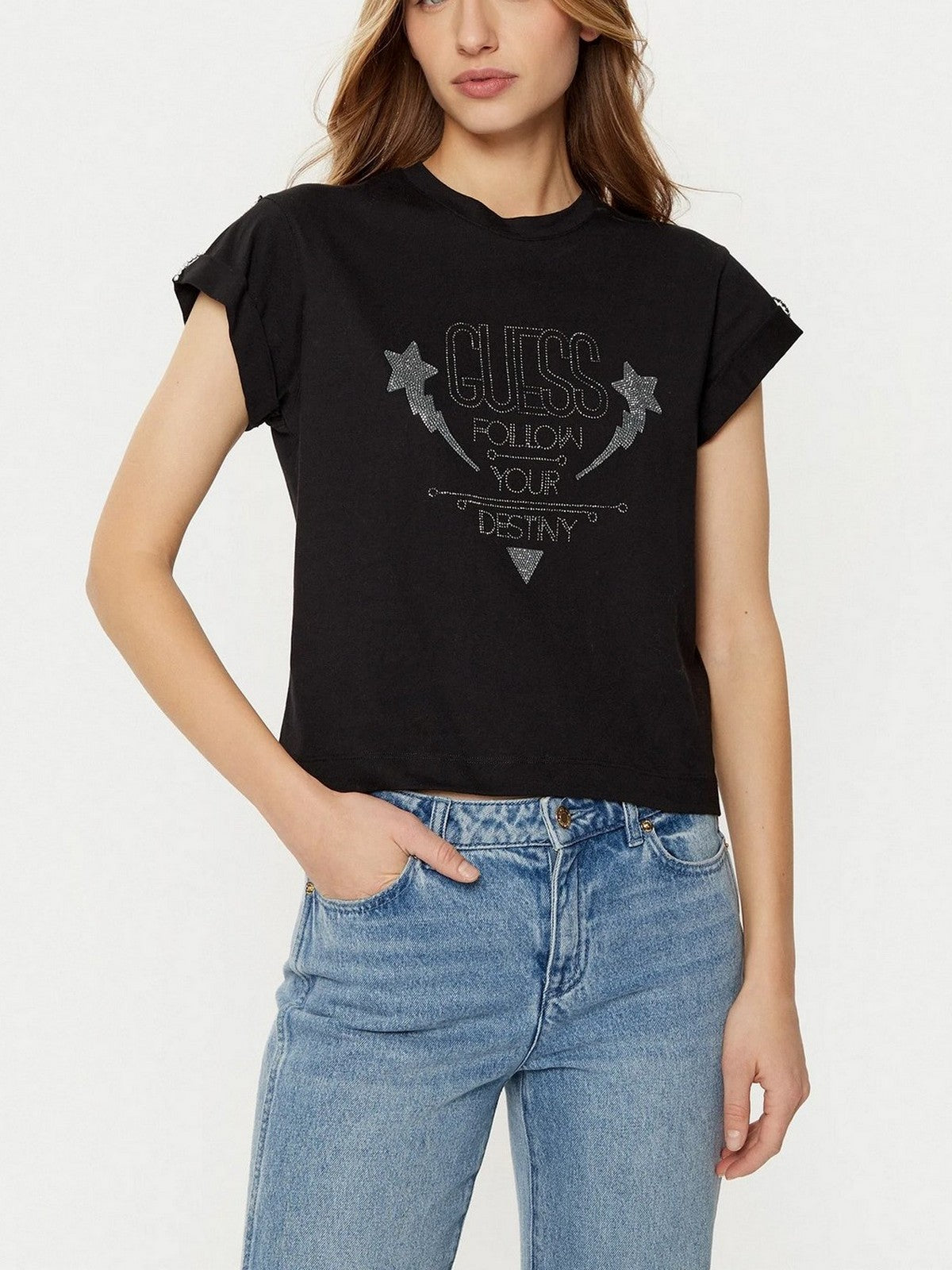 GUESS T-shirt Donna SS CN SLEEVES STRASS DETAIL W5RI06 I3Z14 JBLK Nero gioboutiqueweb