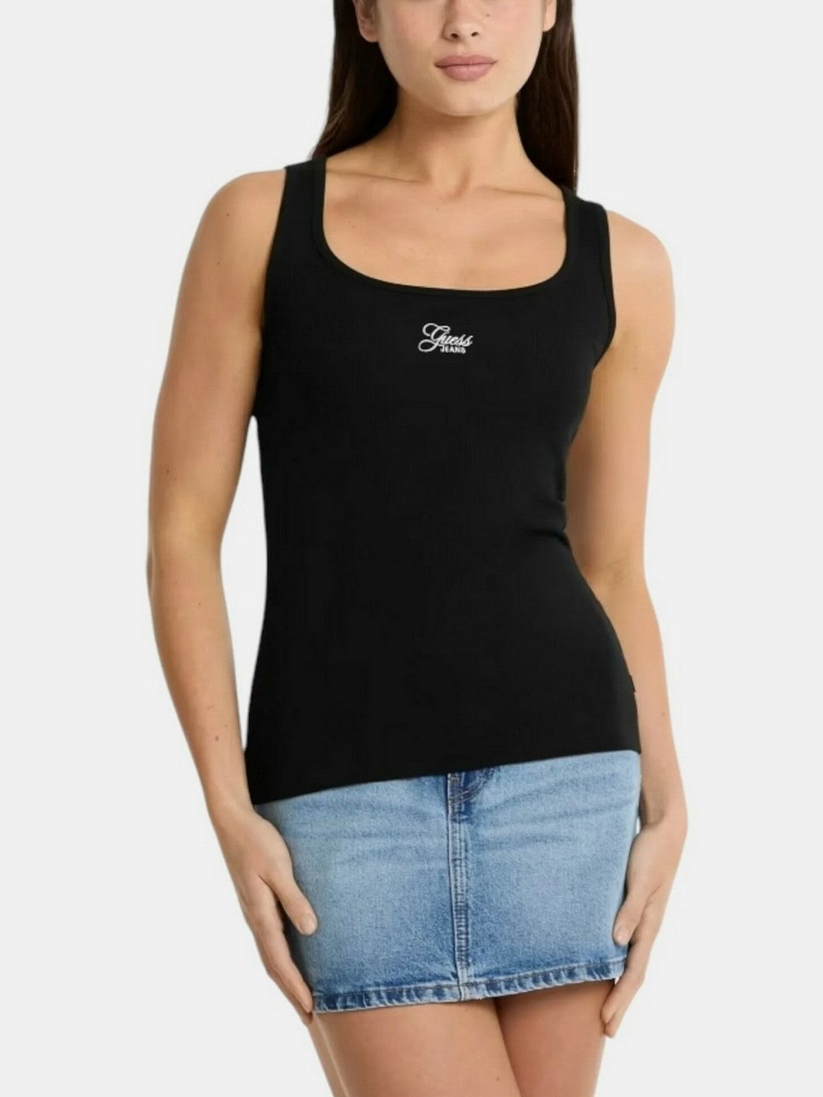 GUESS Canotta Donna GJ TANK TOP SLIM RIB EMBRO W5GP26 KA0H1 JBLK Jet Black A996 gioboutiqueweb