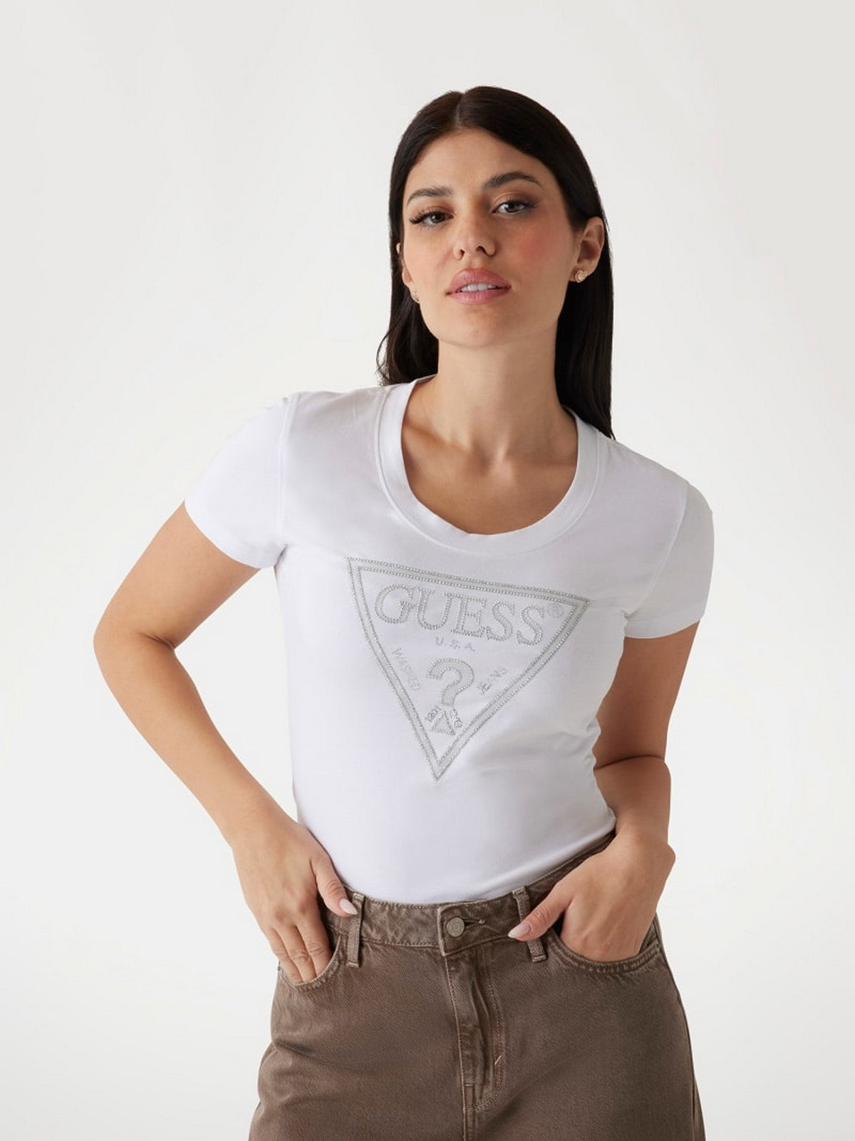 GUESS T-shirt Donna SS CN SHINY TRIANGLE TEE W5RI11 J1314 G011 Bianco gioboutiqueweb