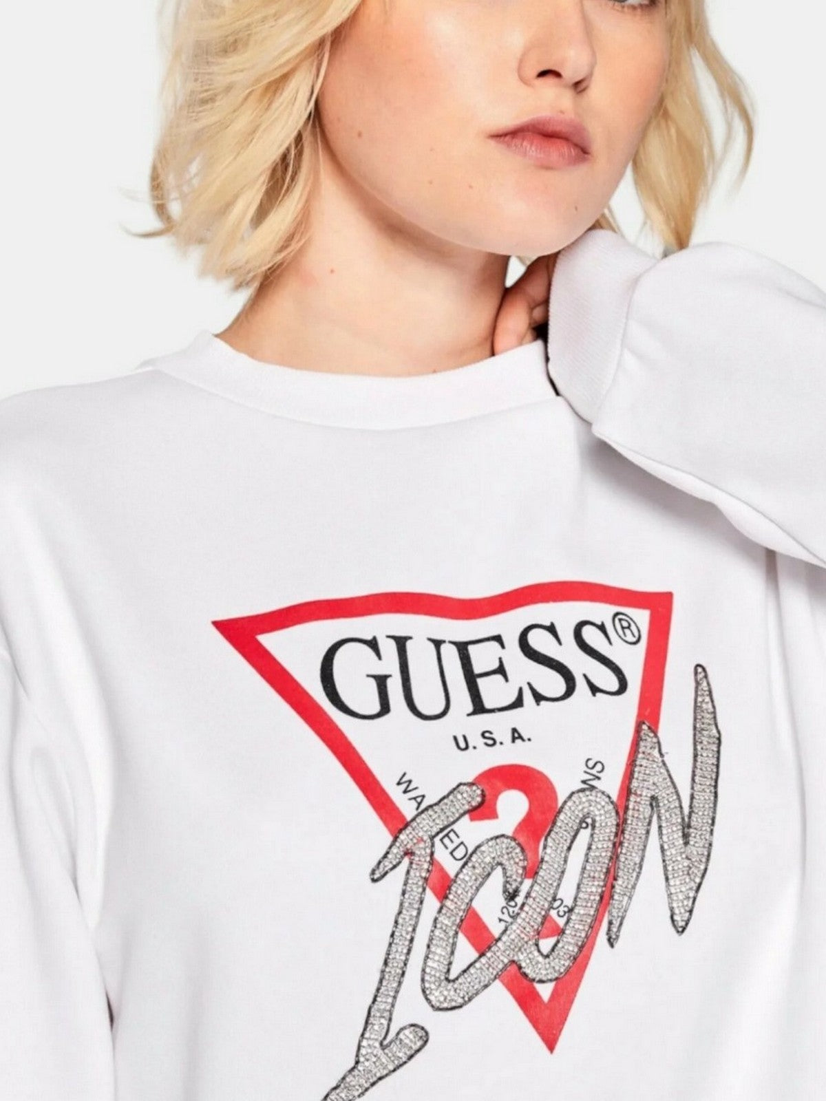 GUESS Felpa Donna CN LOVE TRIANGLE SWEATSHIRT W5RQ04 KB683 G012 Bianco gioboutiqueweb