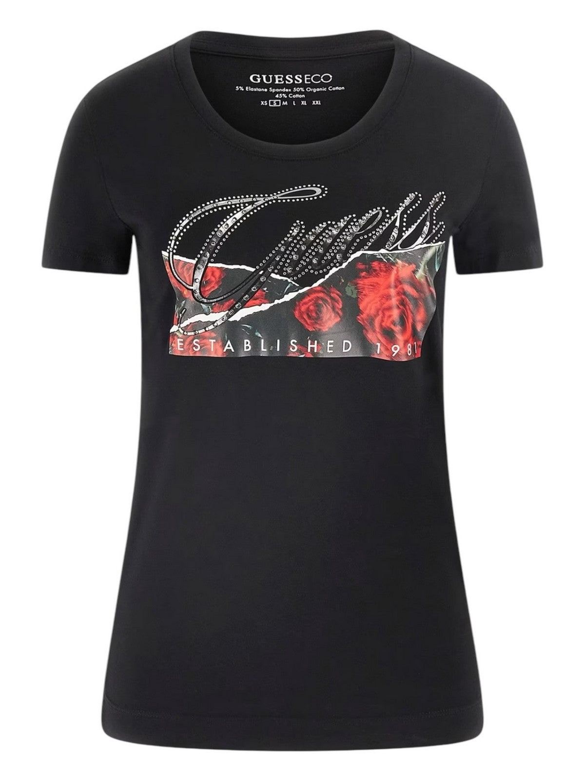 GUESS T-shirt Donna SS CN ROSES PRINT W5RI03 J1314 JBLK Nero gioboutiqueweb
