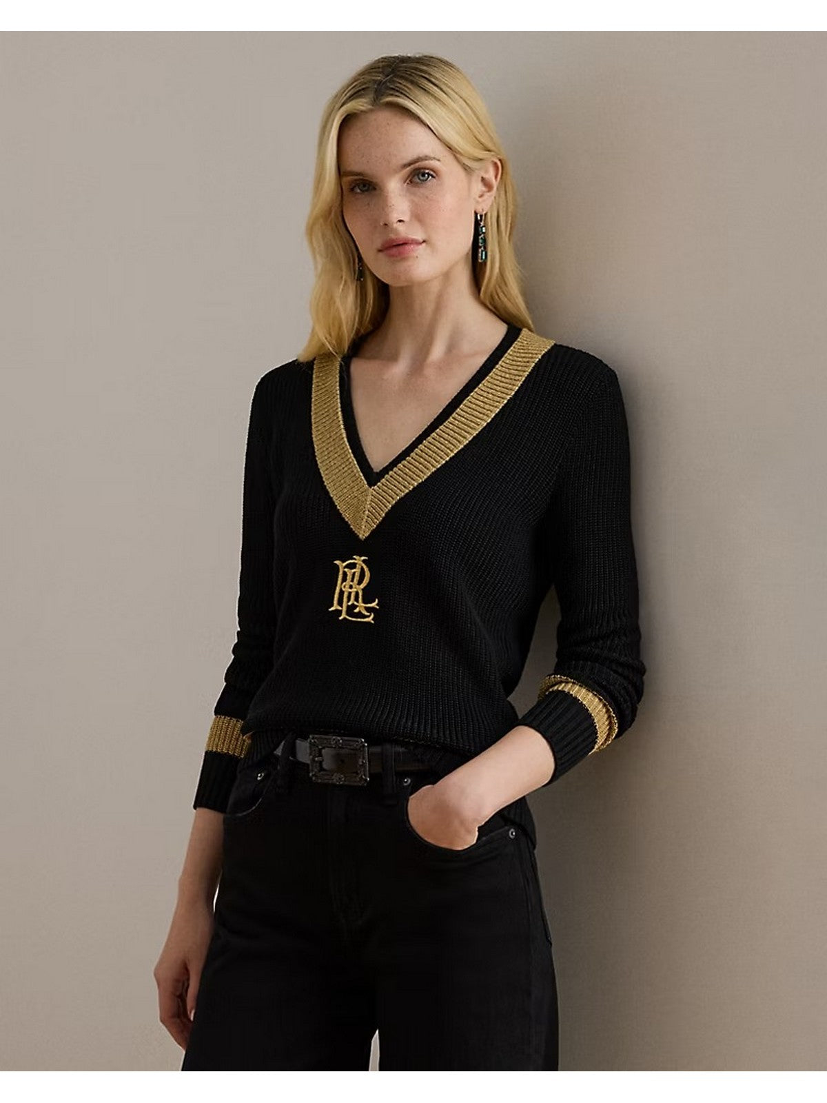 Lauren Ralph Lauren Maglione Woman Meren-Long Sleeve-Pullover 20097966 001 Black/Relic Gold Metallic