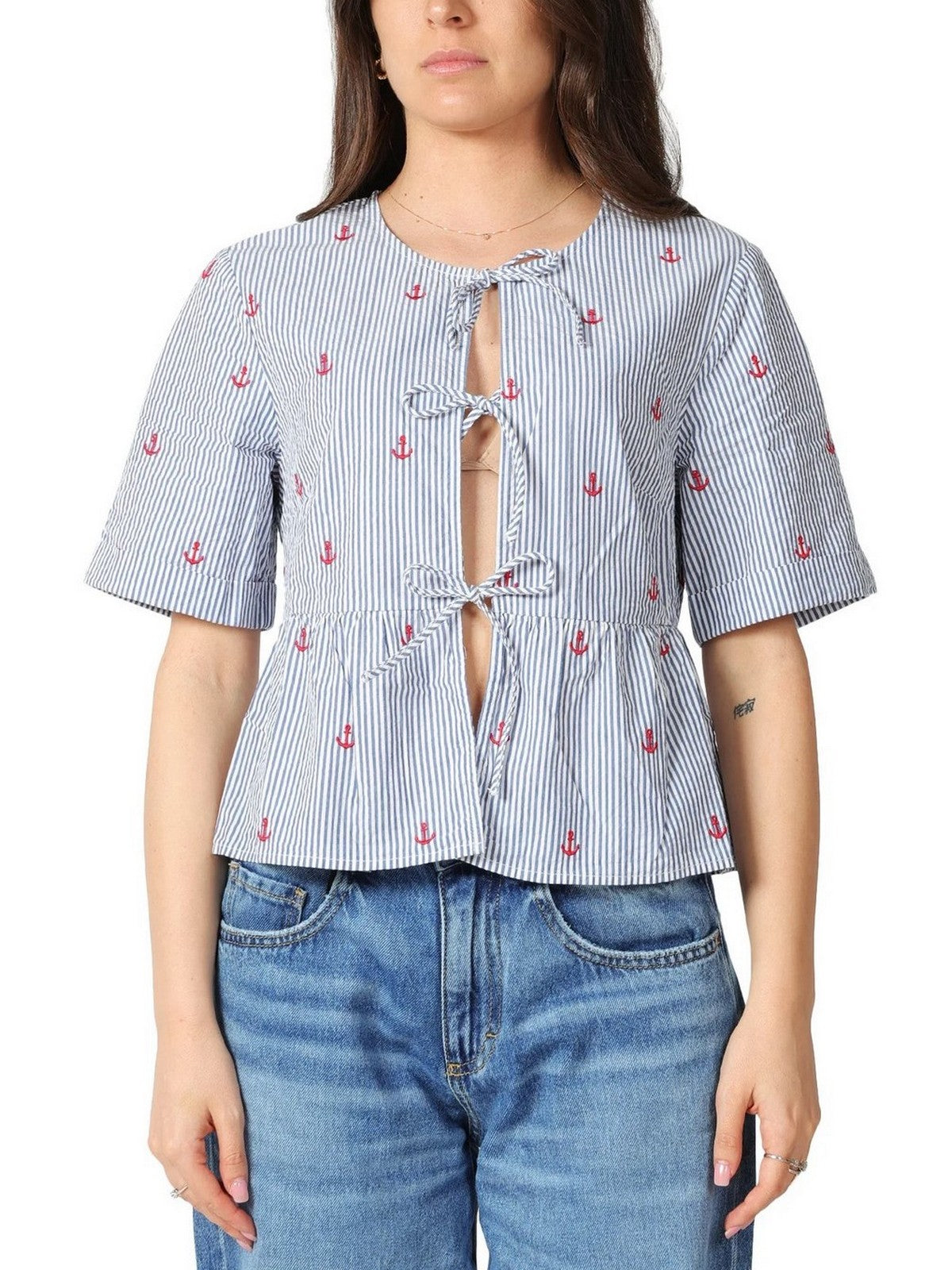 MC2 SAINT BARTH Blusa Donna ALYSON 00471L SEERSUCKER STRIPES V ANCHOR 61 EMB