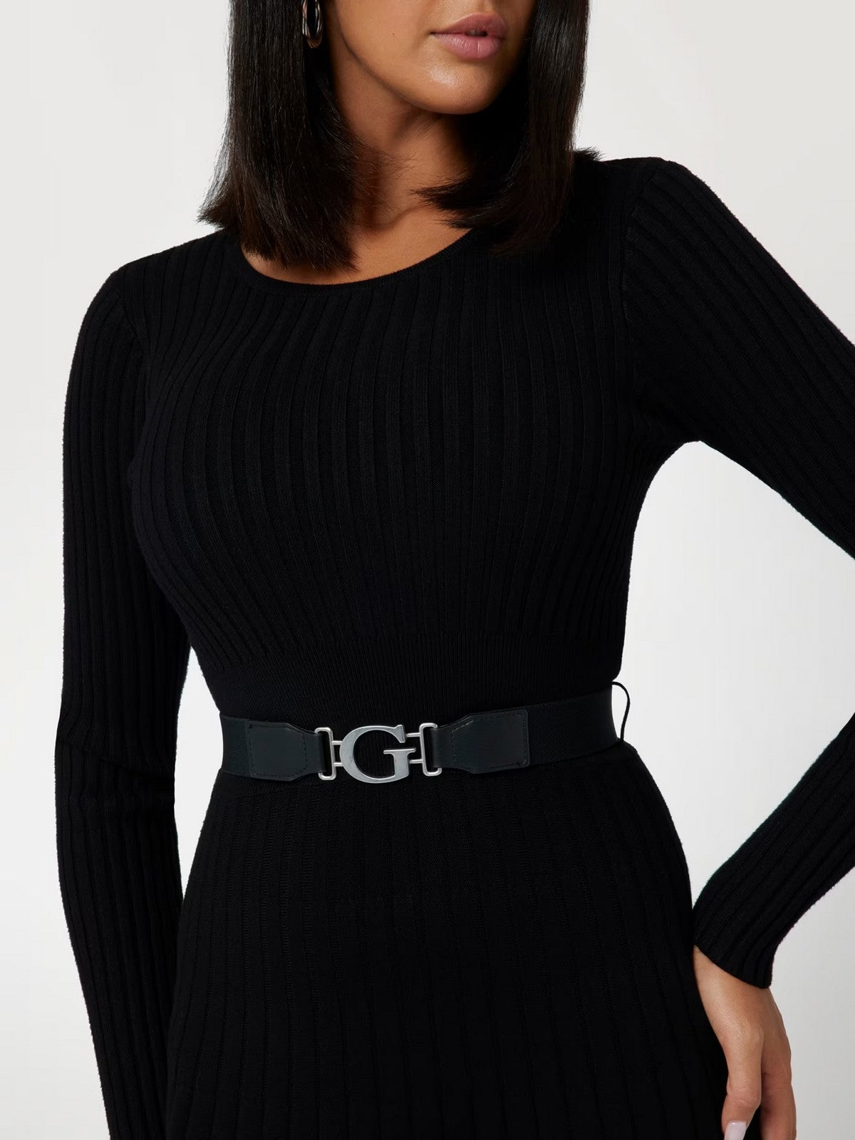 GUESS Abito Donna LS RIB PLEATED PAIGE SWTR DRS W2BK29 Z2YJ2 JBLK Nero gioboutiqueweb