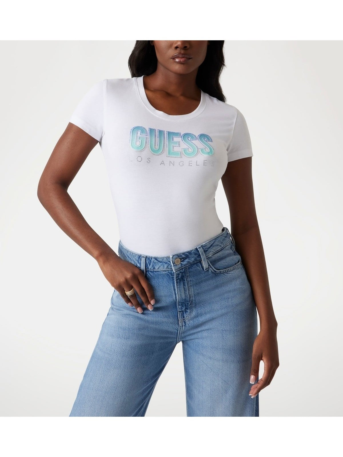 GUESS T-shirt Donna CN SS GLITTER DEGRADE LOGO TEE W5GI14 J1314 G011 PURE WHITE gioboutiqueweb
