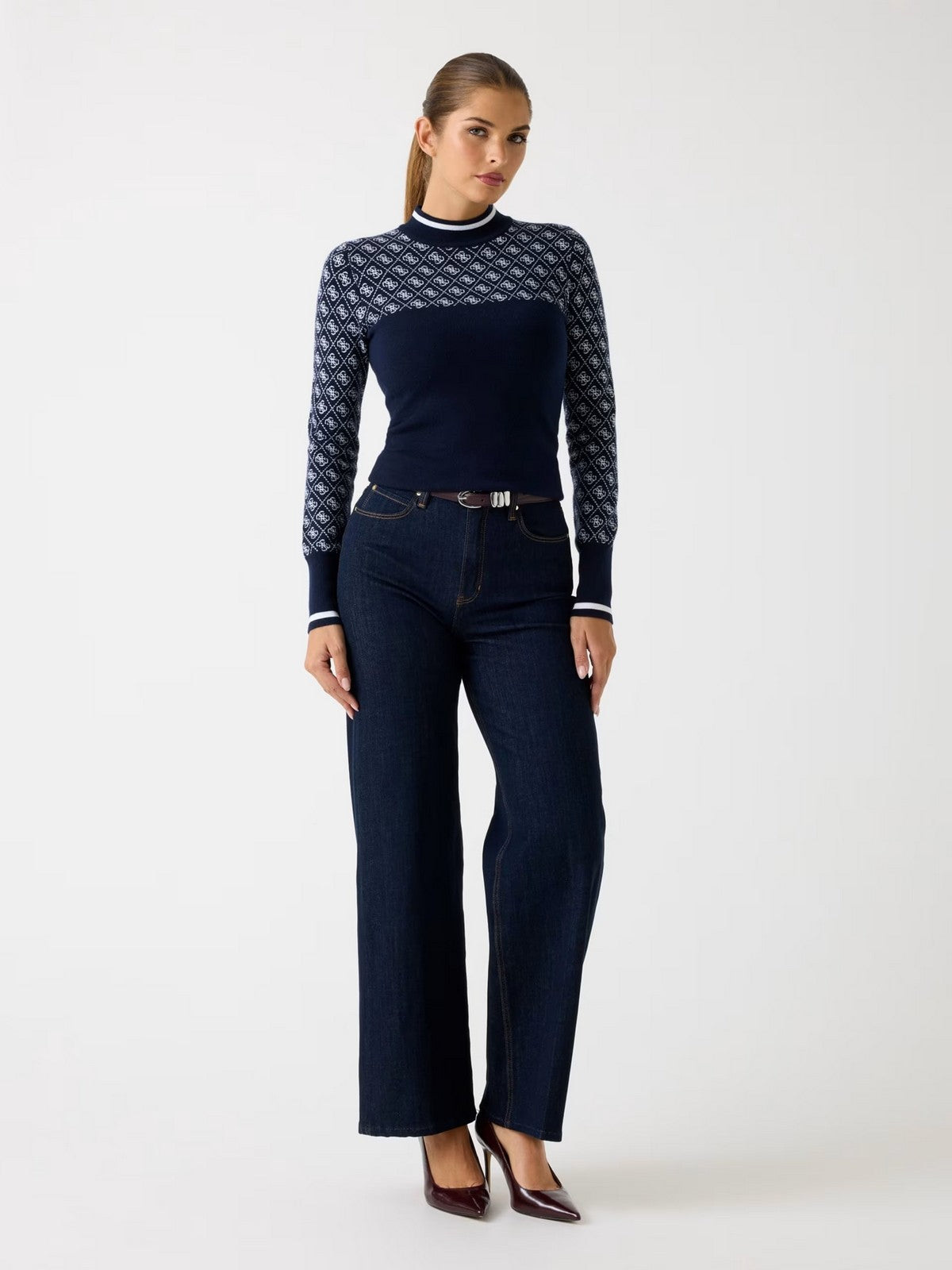 GUESS Maglione Donna LS MOCK NECK AUBREY 4G SWTR W5BR24 Z3JD2 FBDI 4G BLUE AND CREAM