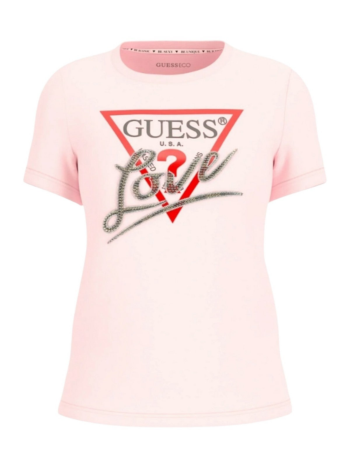 GUESS T-shirt Donna SS CN TRIANGLE LOVE TEE W5RI10 I3Z14 A60W Rosa gioboutiqueweb