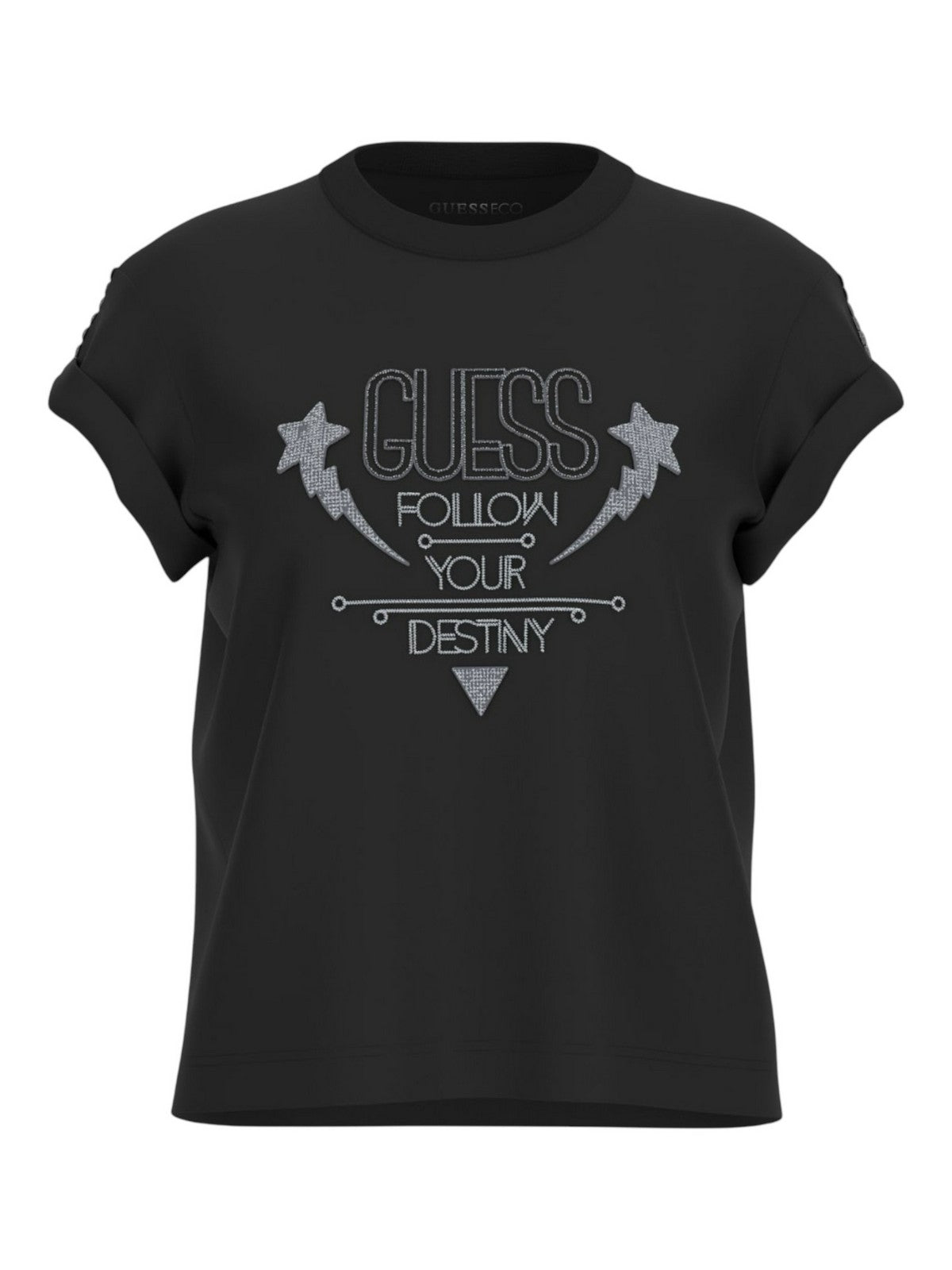 GUESS T-shirt Donna SS CN SLEEVES STRASS DETAIL W5RI06 I3Z14 JBLK Nero gioboutiqueweb