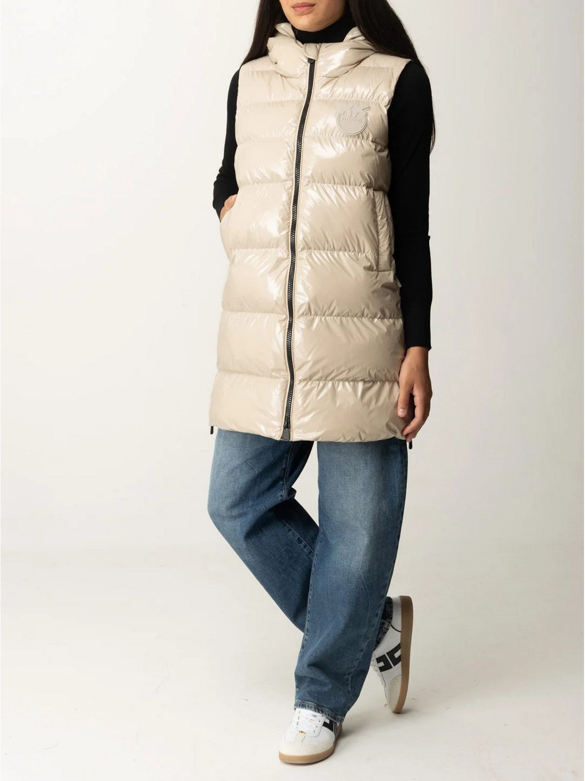 PINKO Gilet Donna Graffetta Gilet Crystal Nylon 103825-A11K D05 Beige gioboutiqueweb