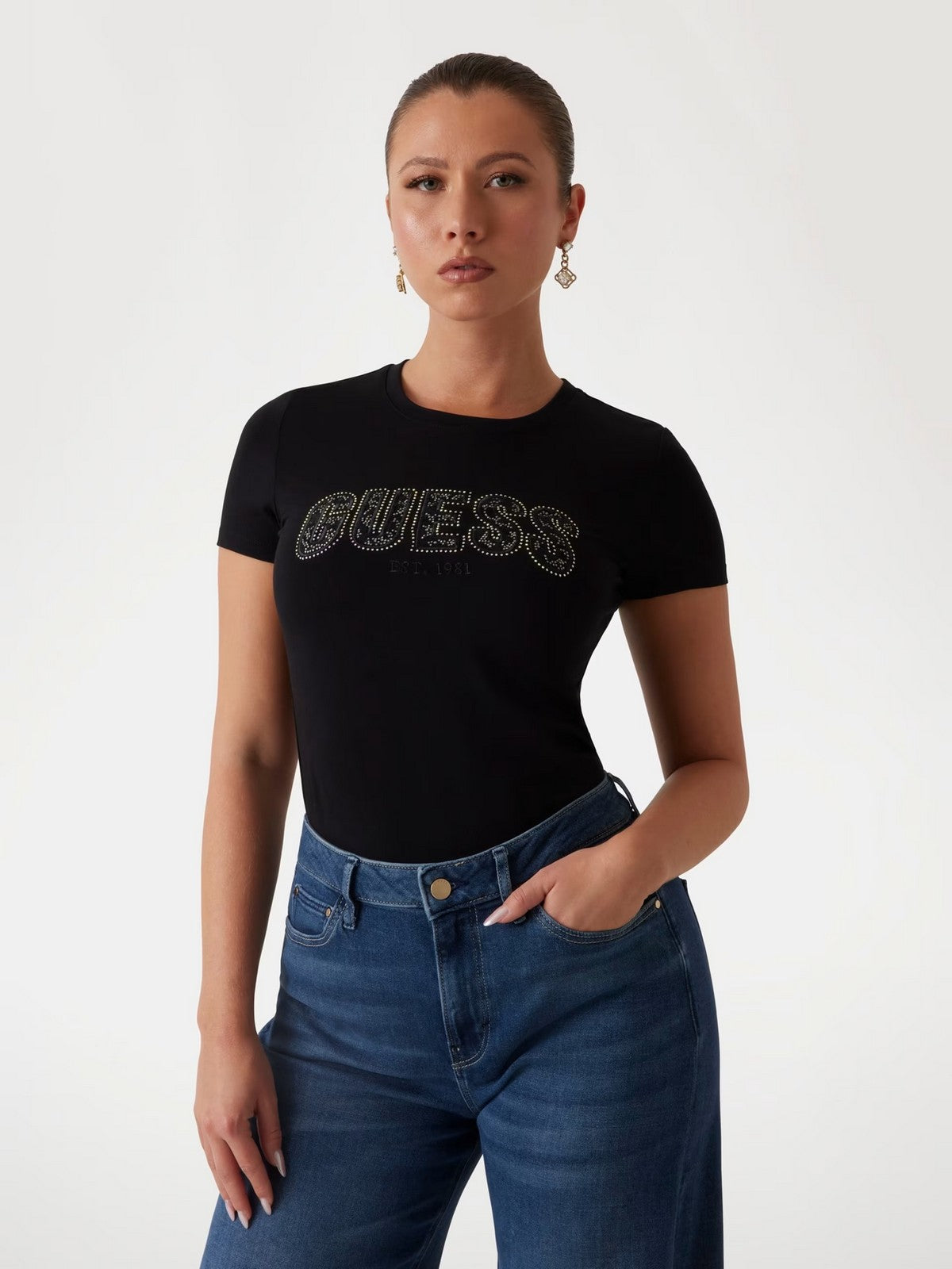 GUESS T-shirt Donna CN SS LOGO LACE TEE W5GI04 J1314 JBLK Nero gioboutiqueweb